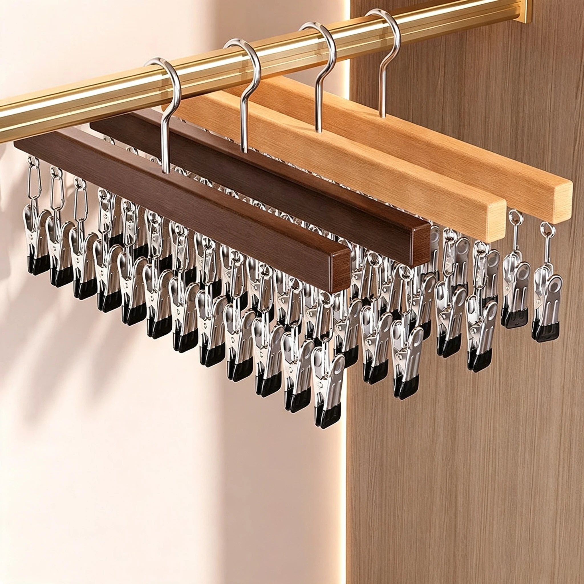 Solid Wood Multi-Clip Underwear and Accessory Storage Hanger