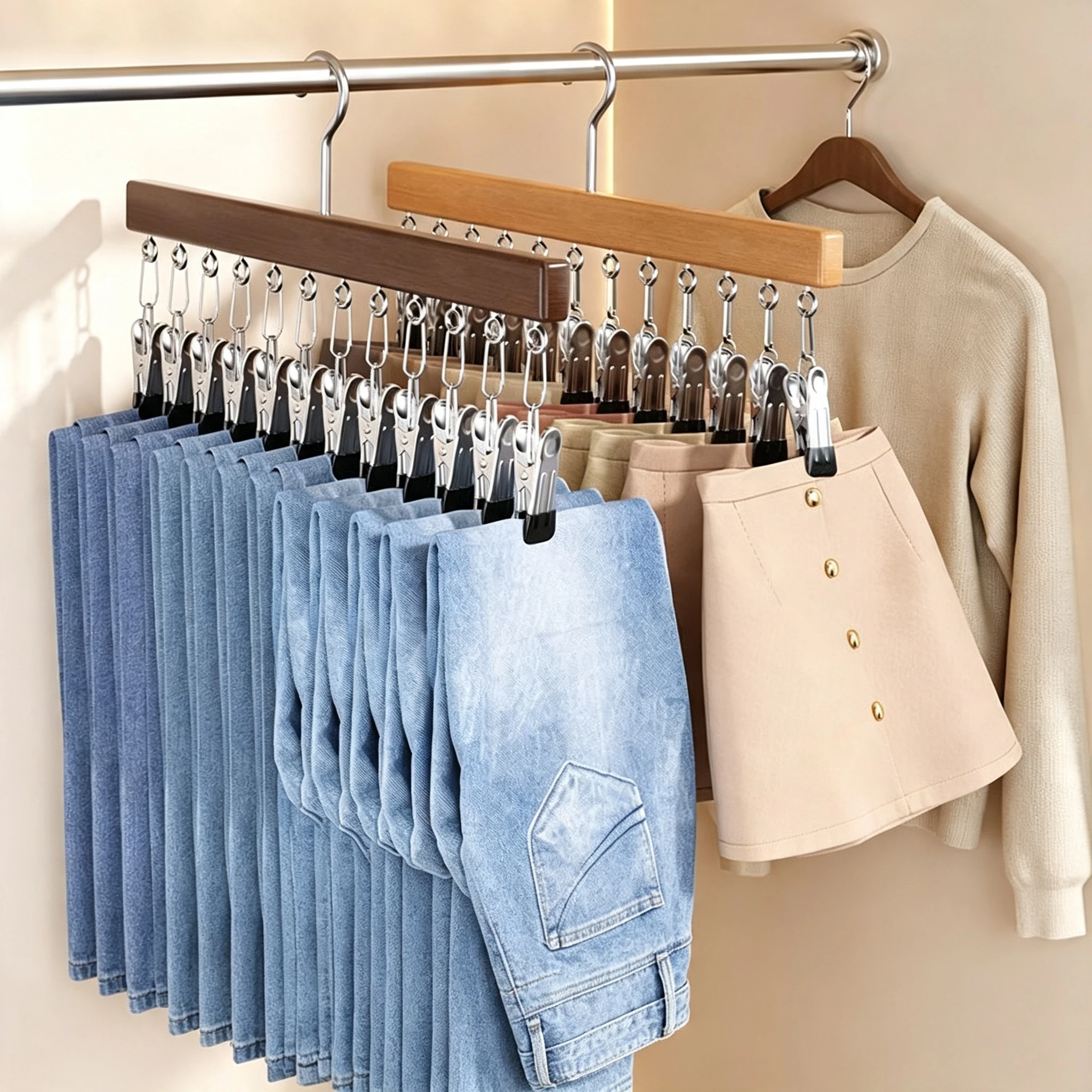Solid Wood Multi-Clip Underwear and Accessory Storage Hanger