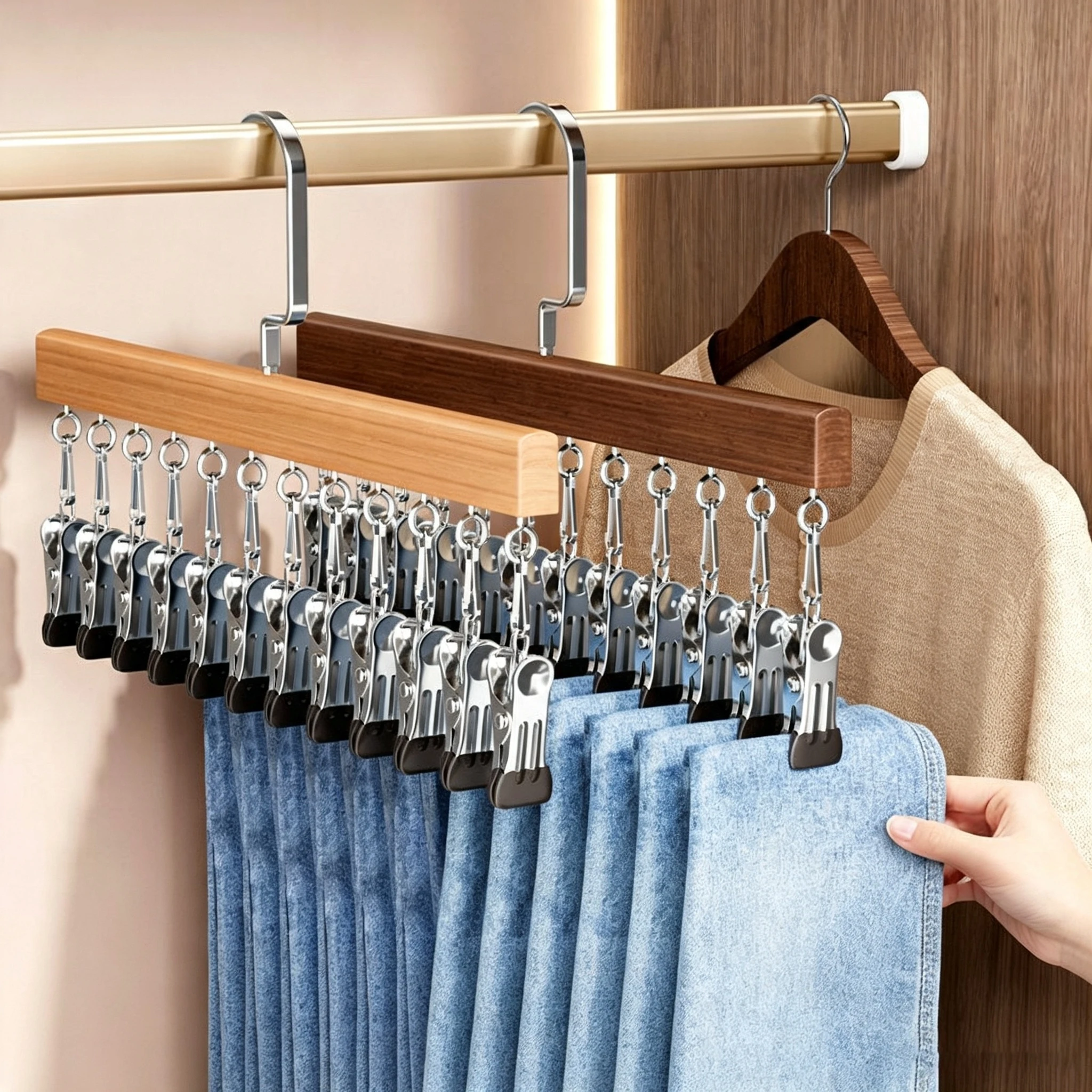 Solid Wood Multi-Clip Underwear and Accessory Storage Hanger