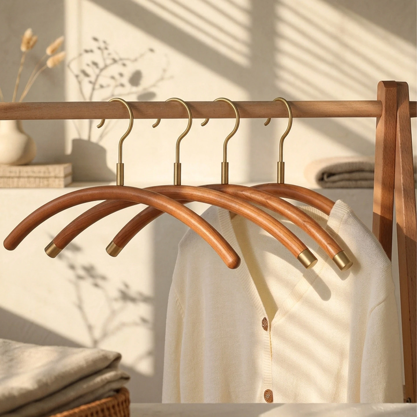 Light-Luxury Curved Solid Wood Hanger with Brass Hardware