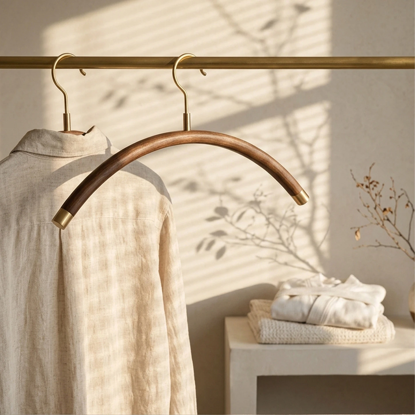 Light-Luxury Curved Solid Wood Hanger with Brass Hardware