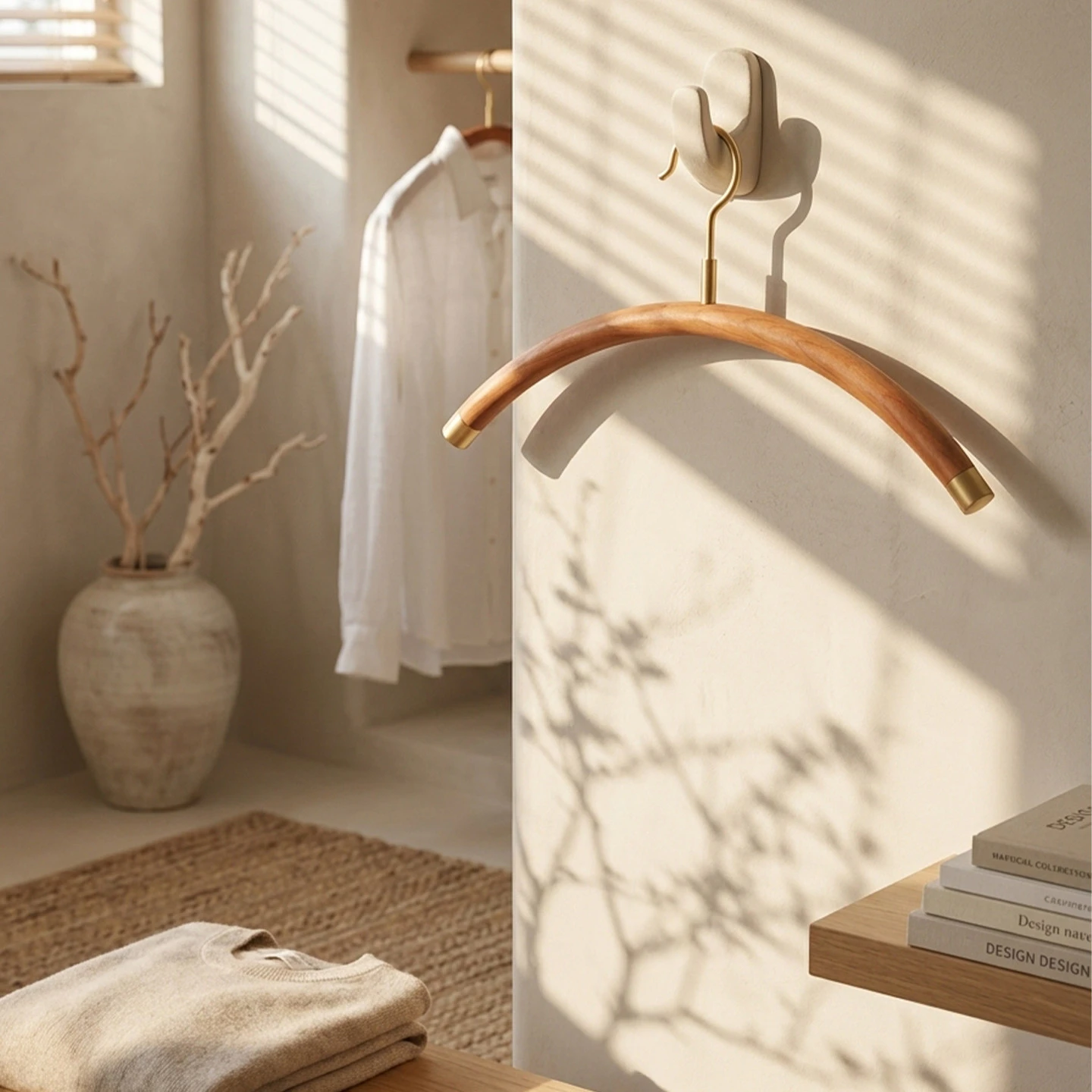 Light-Luxury Curved Solid Wood Hanger with Brass Hardware