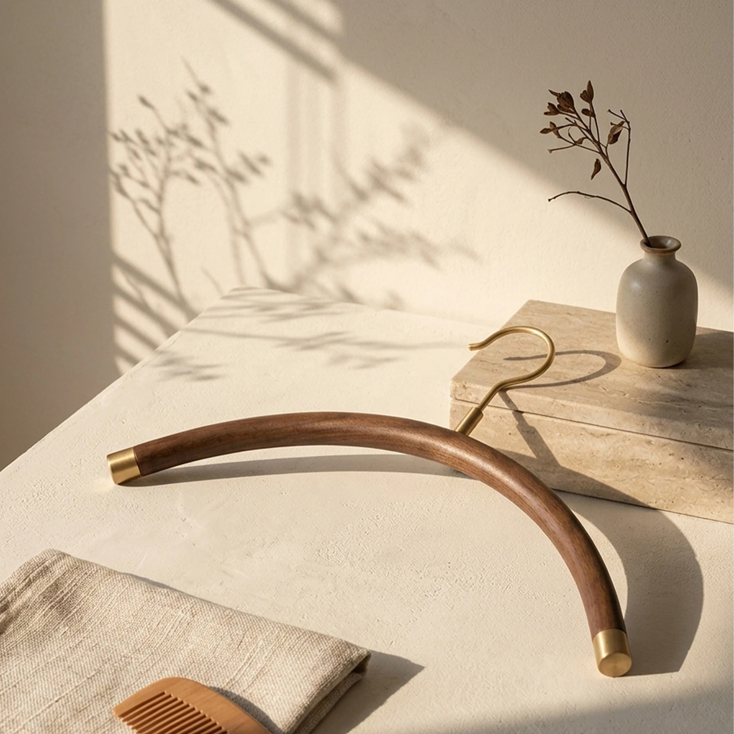 Light-Luxury Curved Solid Wood Hanger with Brass Hardware