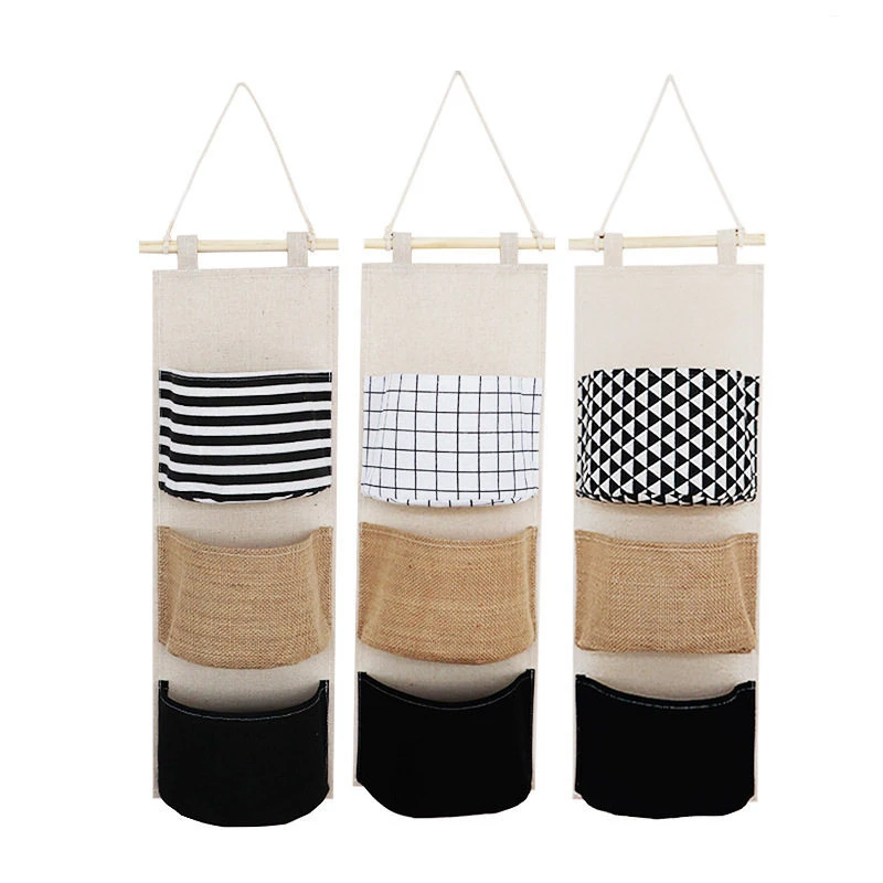 3-Tier Spliced Fabric Wall Hanging Storage Bag