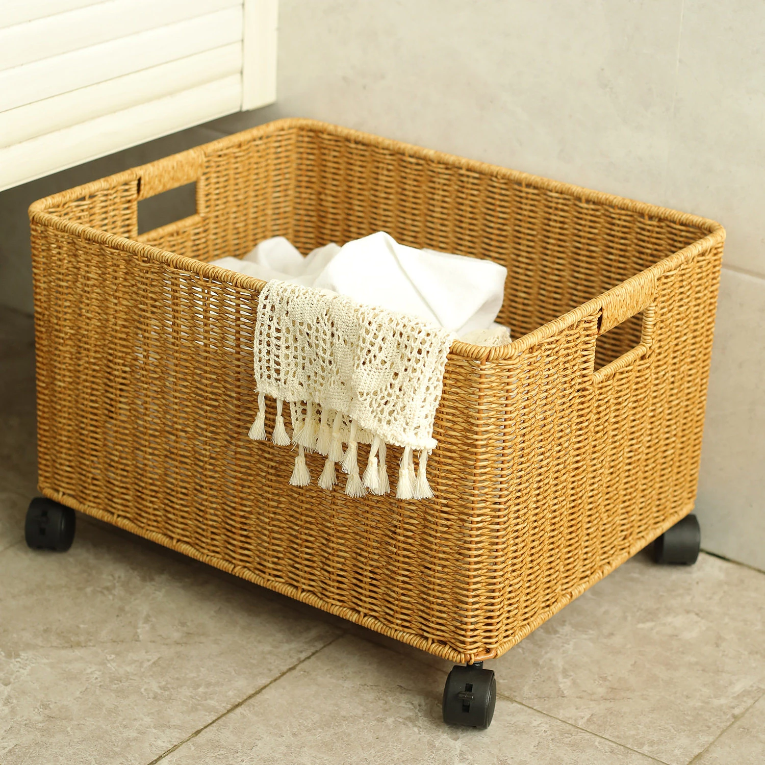 Rattan-Effect Storage Basket with Universal Casters