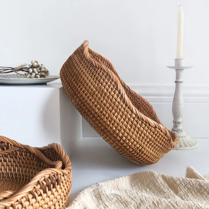 Handmade Natural Autumn Rattan Round Shallow Storage Tray