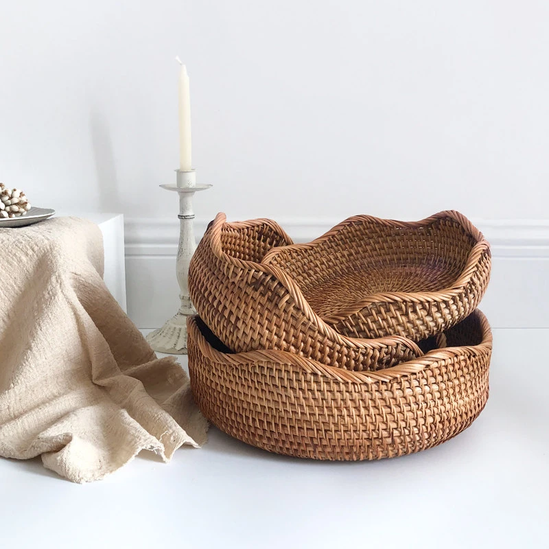 Handmade Natural Autumn Rattan Round Shallow Storage Tray