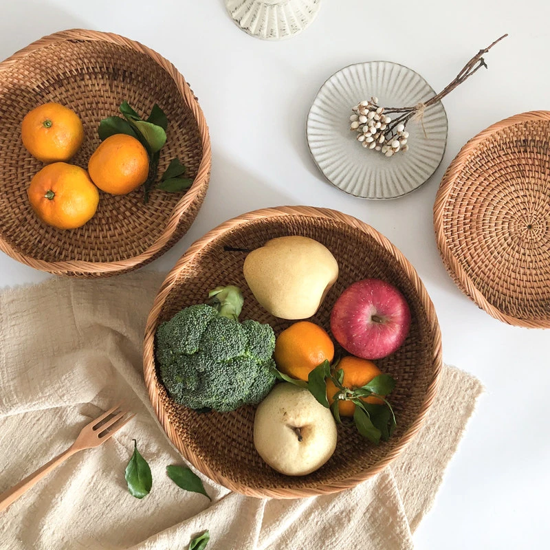 Handmade Natural Autumn Rattan Round Shallow Storage Tray