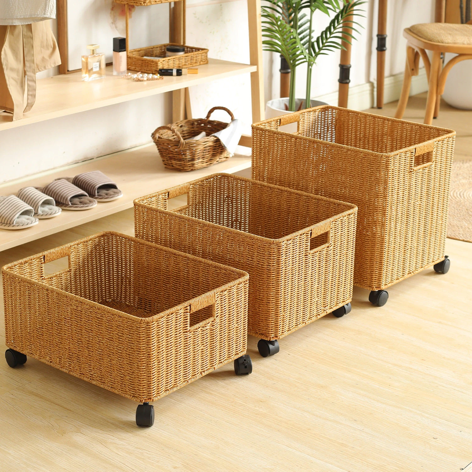 Rattan-Effect Storage Basket with Universal Casters
