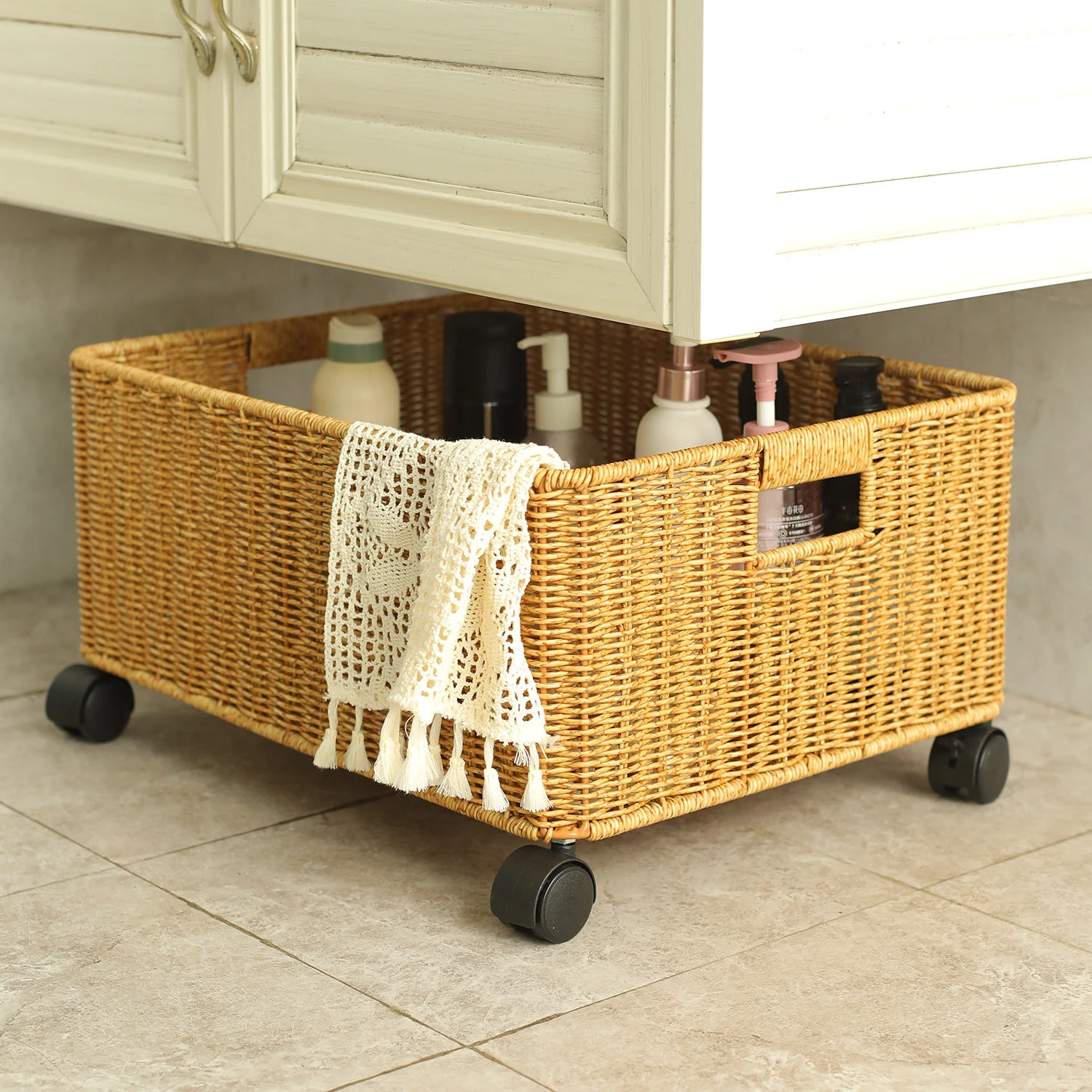 Rattan-Effect Storage Basket with Universal Casters