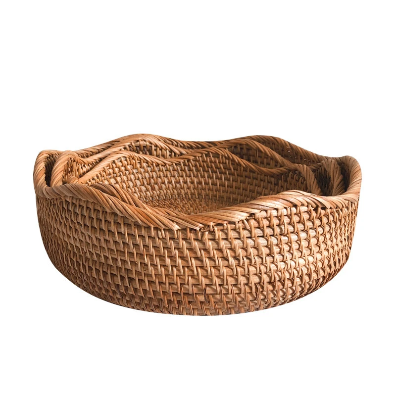 Handmade Natural Autumn Rattan Round Shallow Storage Tray