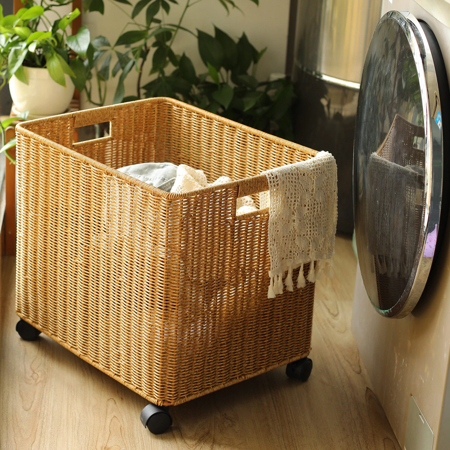 Rattan-Effect Storage Basket with Universal Casters