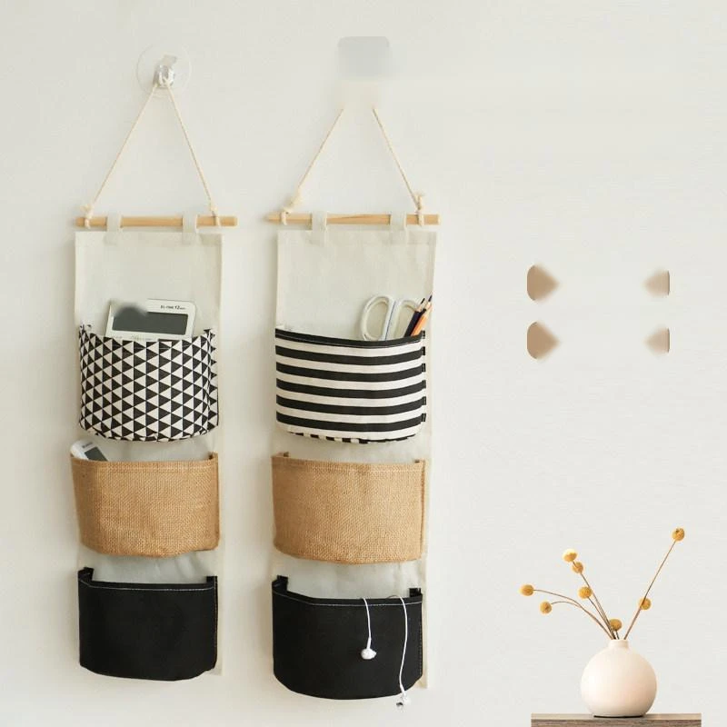 3-Tier Spliced Fabric Wall Hanging Storage Bag