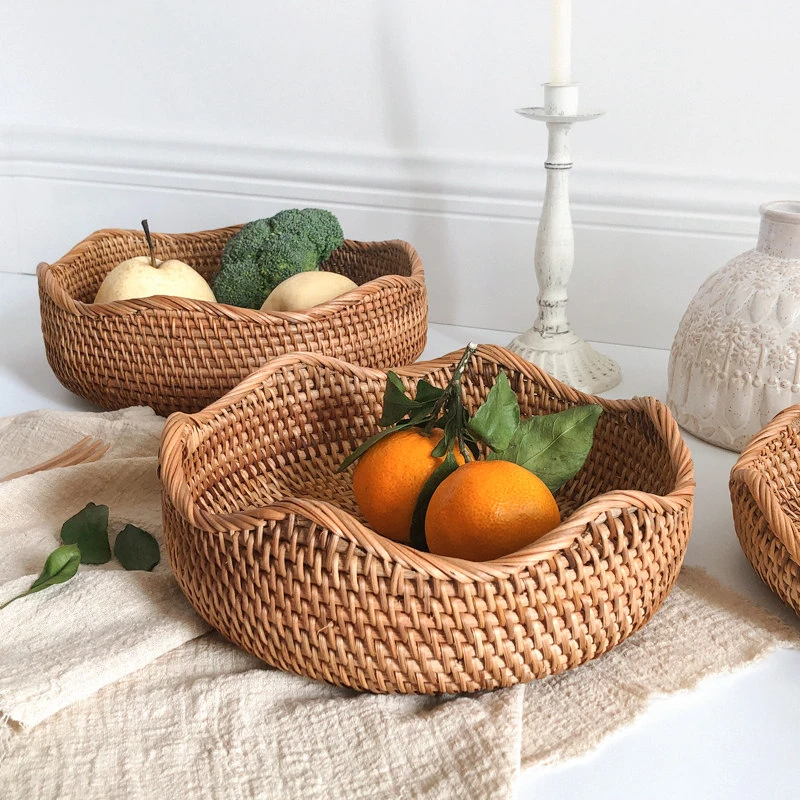 Handmade Natural Autumn Rattan Round Shallow Storage Tray