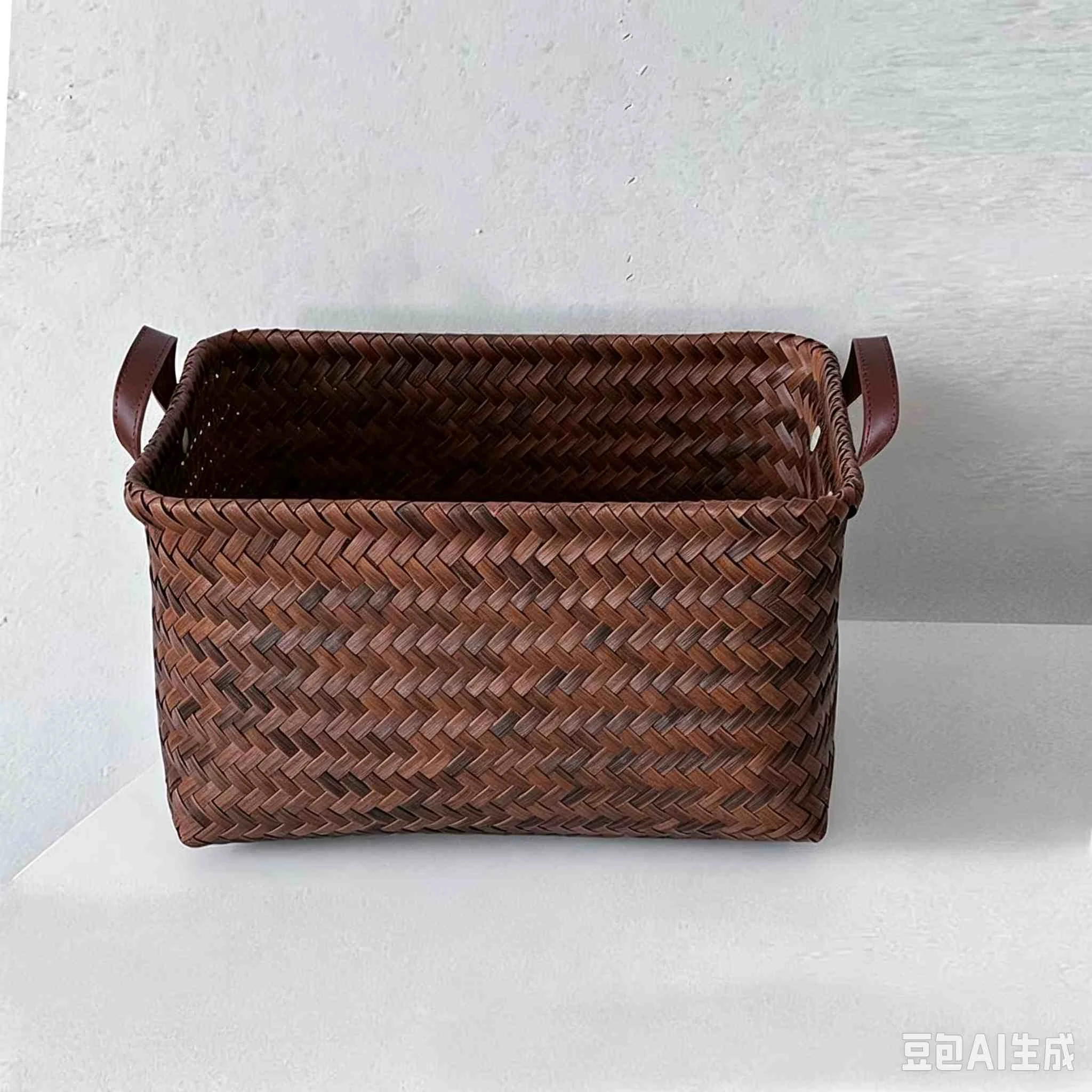 Vintage Faux Rattan Storage Basket with Leather Handles