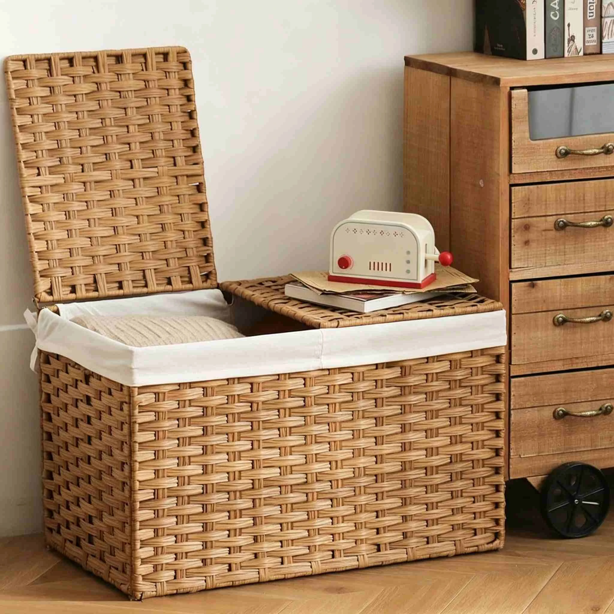 Rattan-Style Lidded Storage Bin with Liner