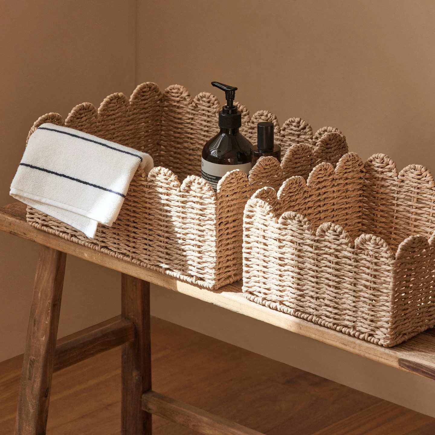 Paper Rope Woven Storage Basket with Scalloped Rim