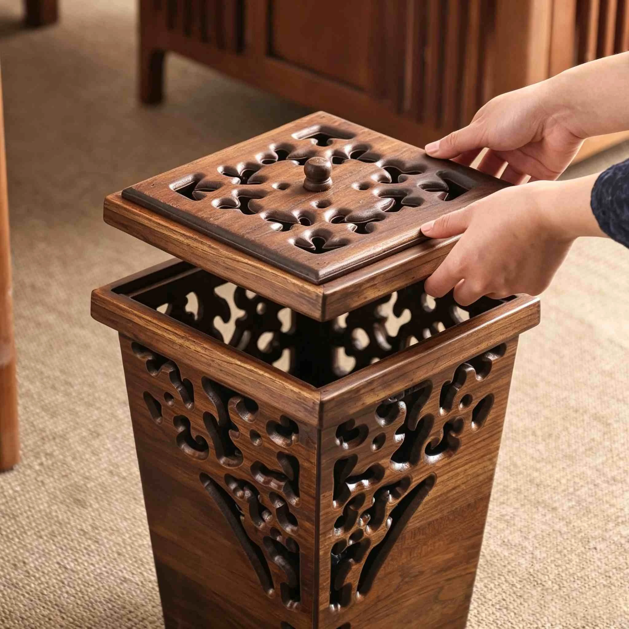 Carved Hollow Solid Wood Waste Bin