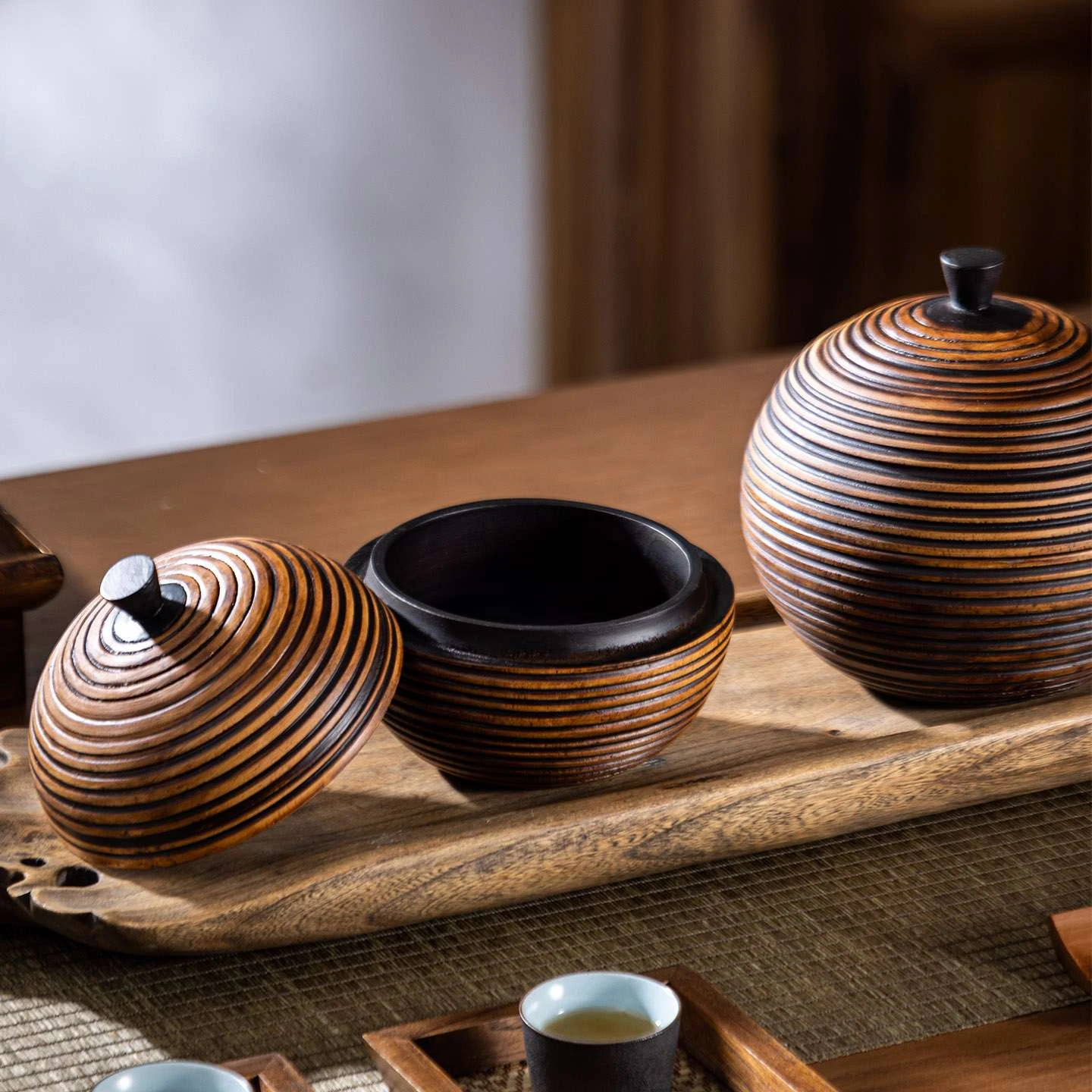 Striped Solid Wood Airtight Storage Jar with Lid