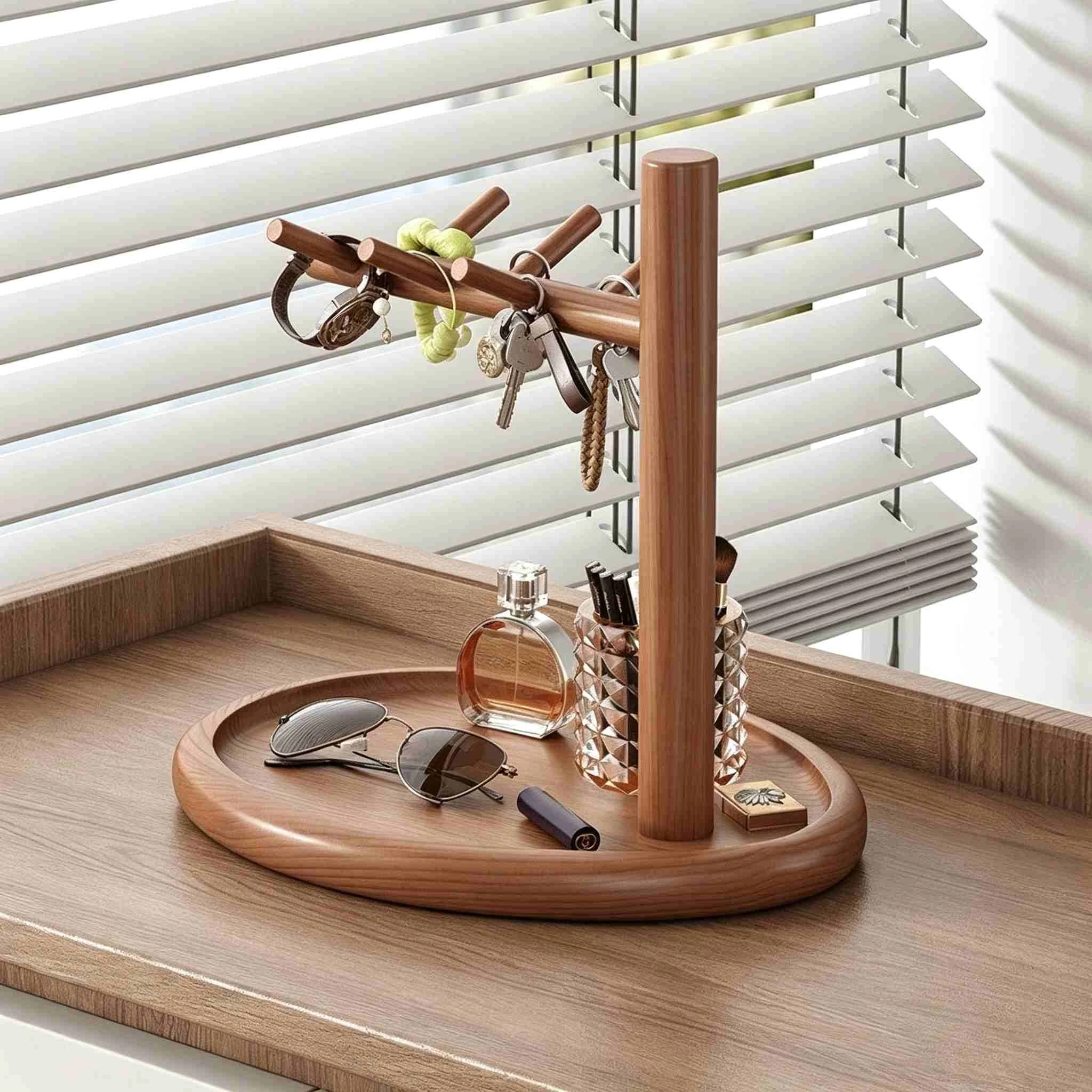 Solid Wood Tree-shaped Jewelry & Key Holder with Tray