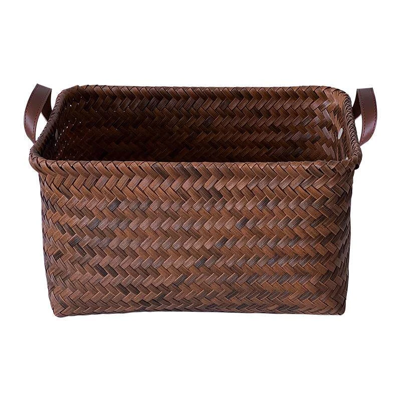 Vintage Faux Rattan Storage Basket with Leather Handles