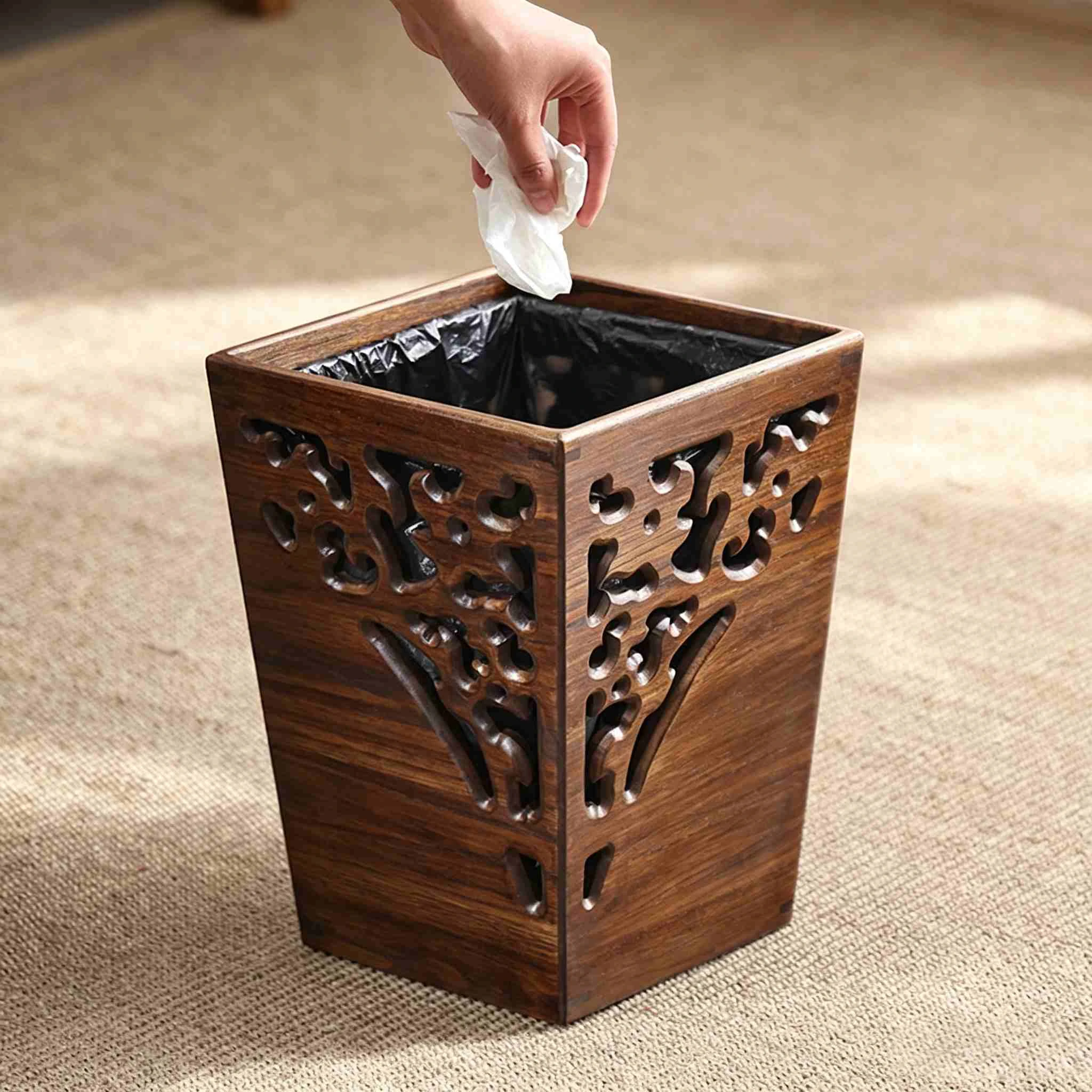 Carved Hollow Solid Wood Waste Bin