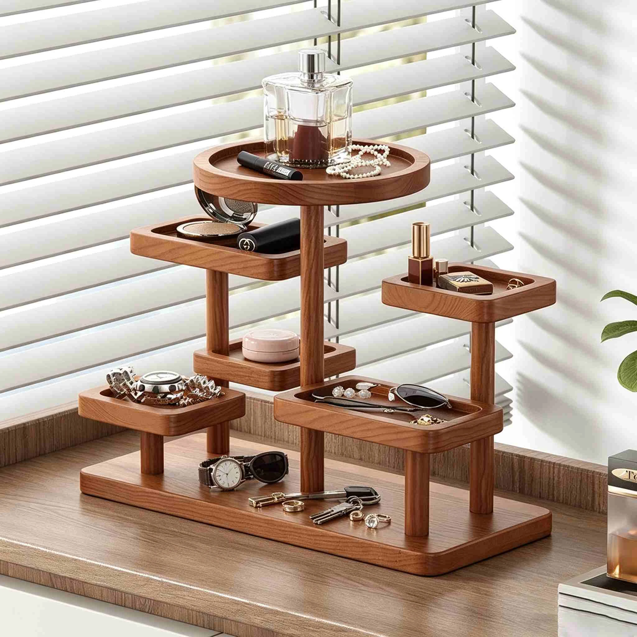 Solid Wood Tree-shaped Jewelry & Key Holder with Tray
