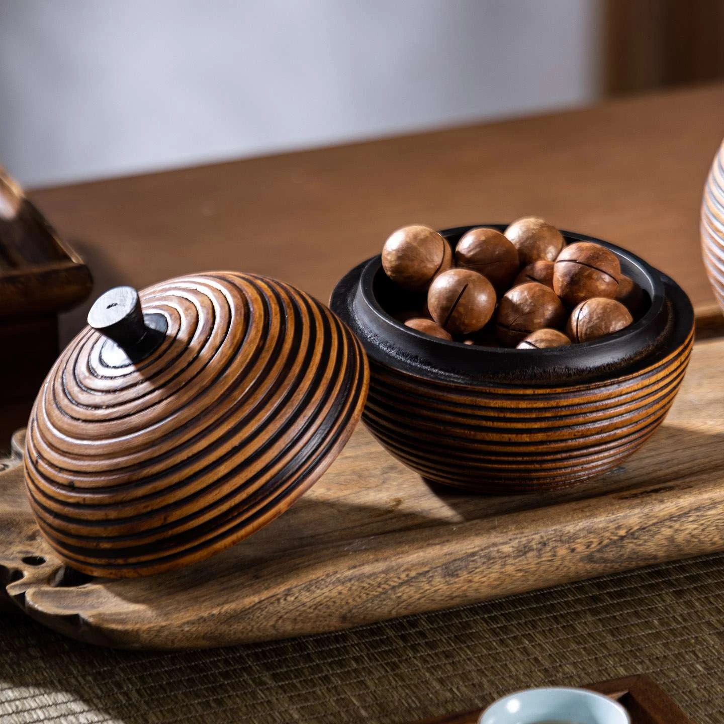 Striped Solid Wood Airtight Storage Jar with Lid