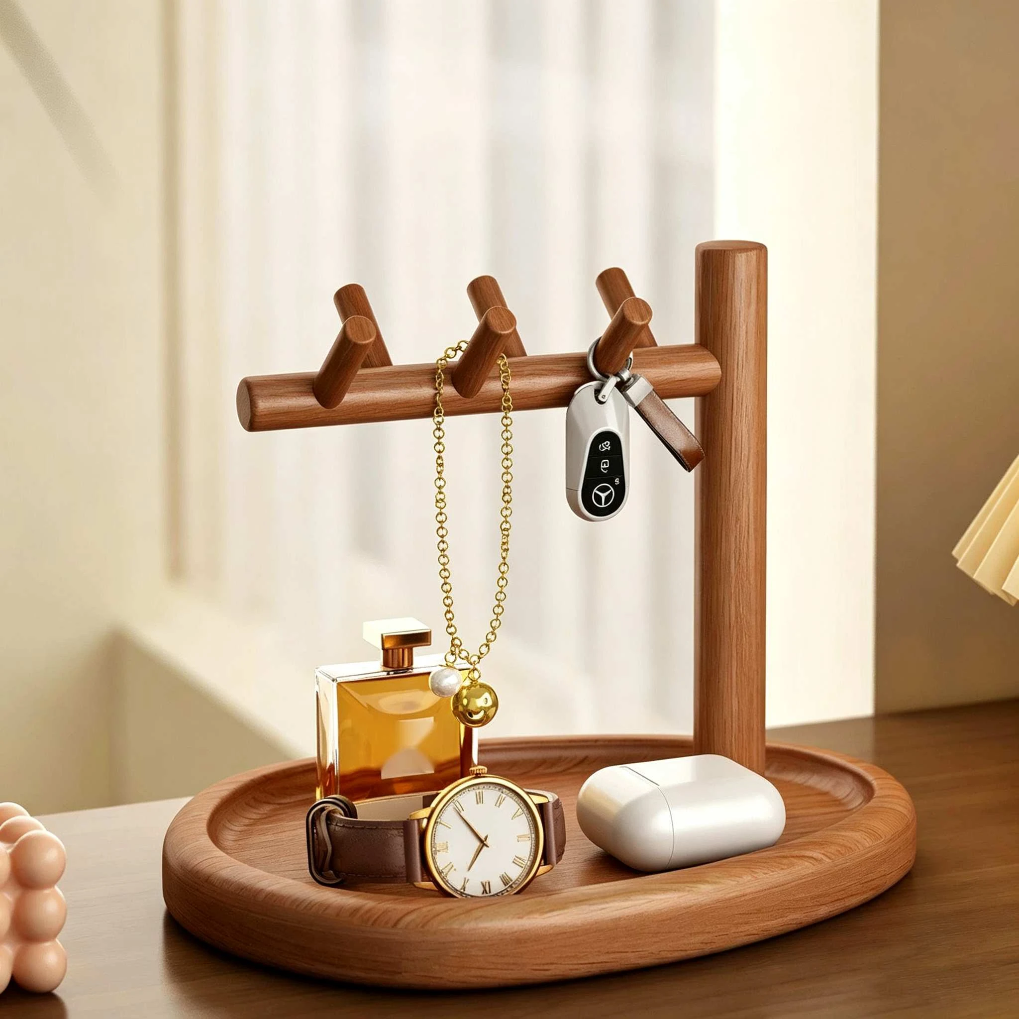 Solid Wood Tree-shaped Jewelry & Key Holder with Tray