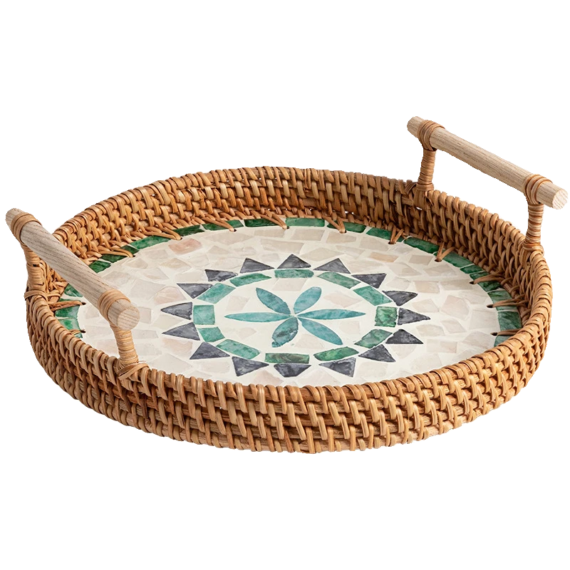 Rattan Tray with Marble Mosaic & Dual Wooden Handles