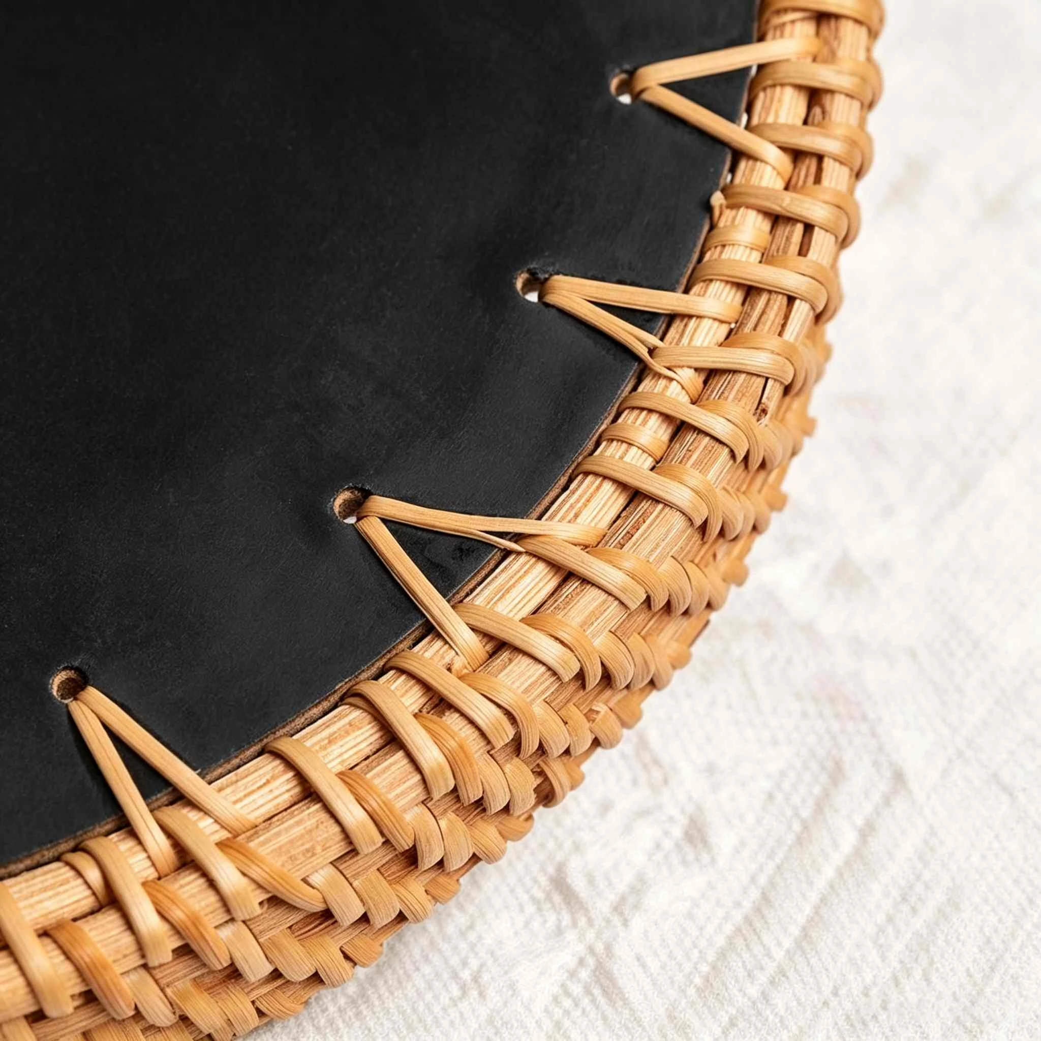 Rattan Tray with Marble Mosaic & Dual Wooden Handles