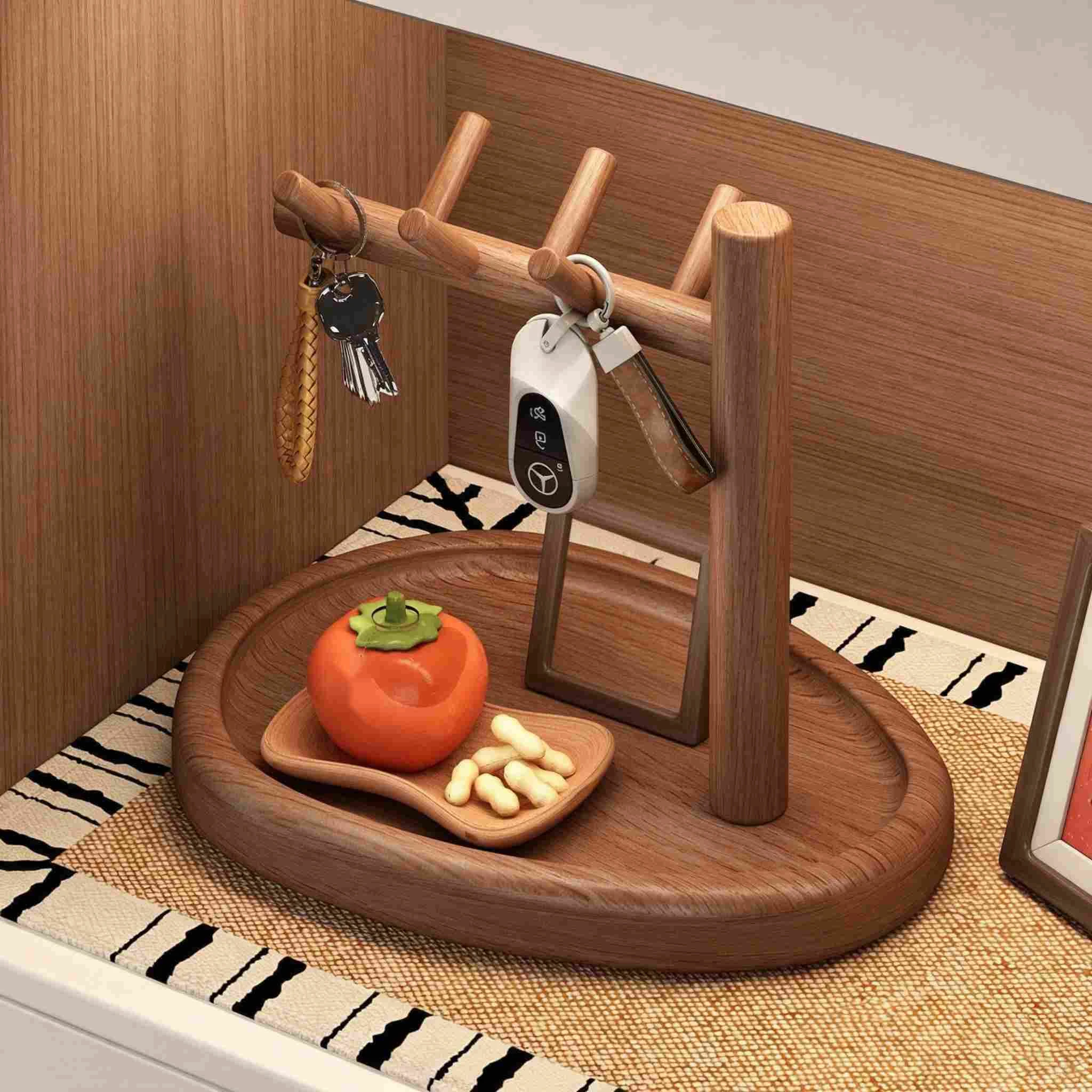 Solid Wood Tree-shaped Jewelry & Key Holder with Tray
