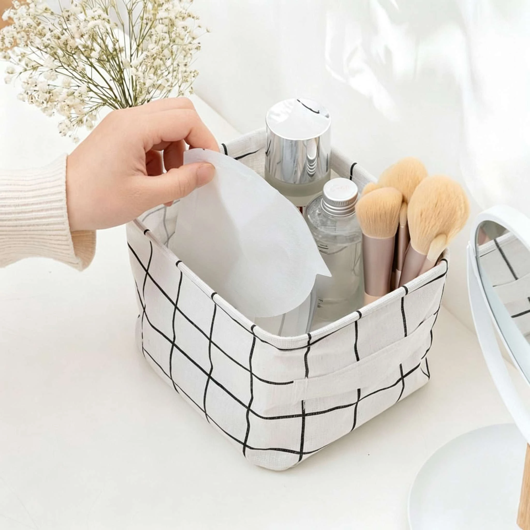 Black Grid Linen Storage Basket