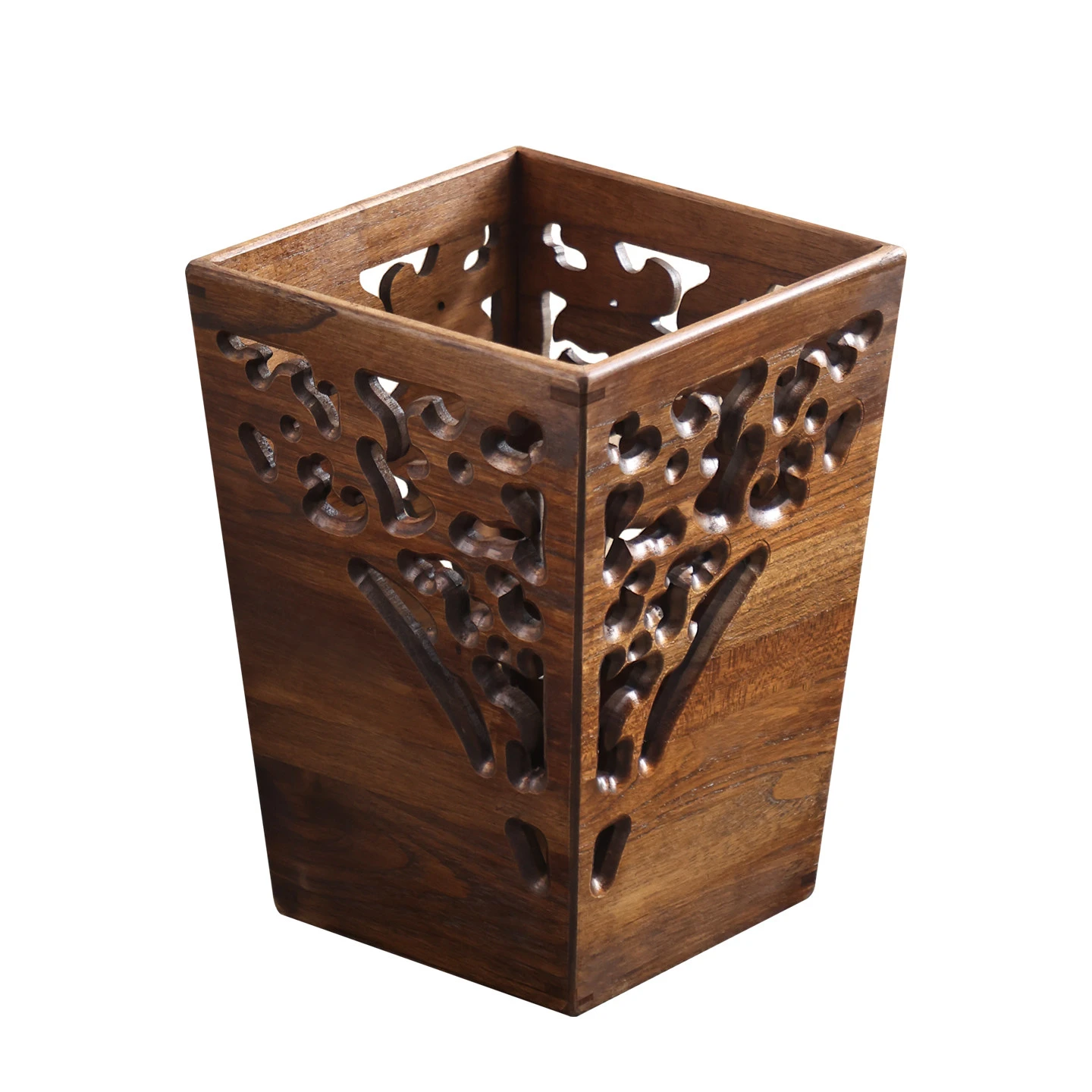 Carved Hollow Solid Wood Waste Bin