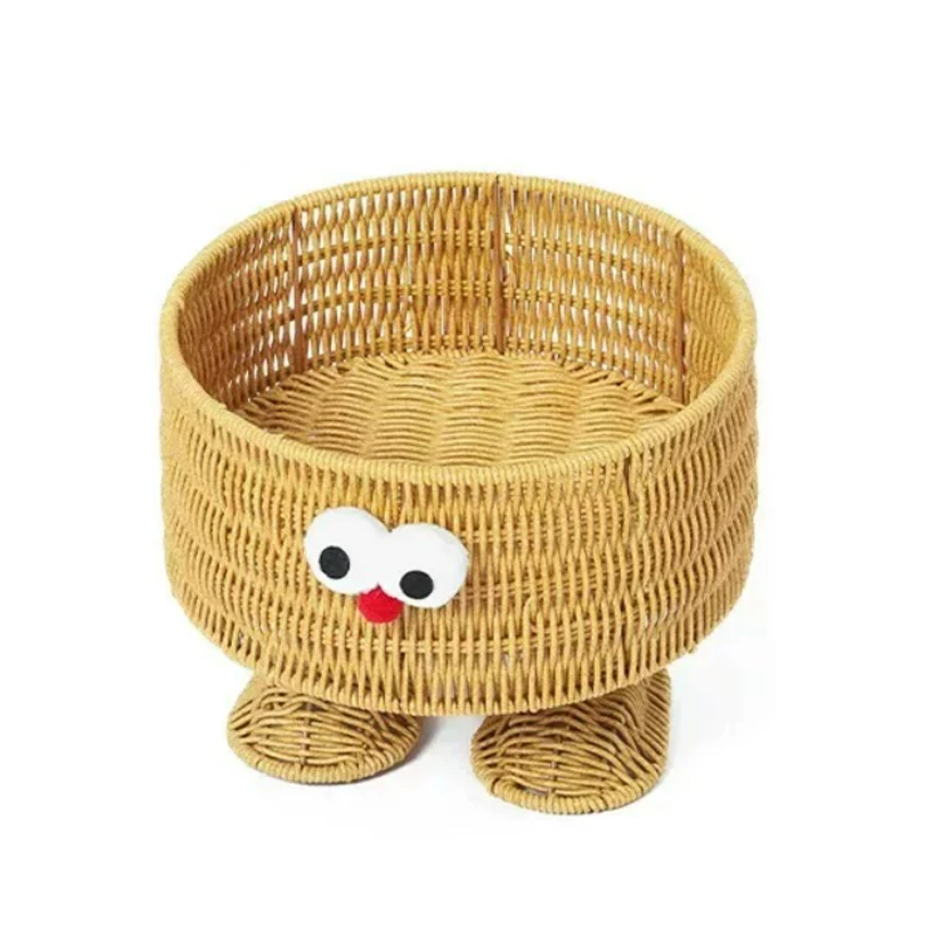 Cute Cartoon Round Rattan-look Storage Basket with Feet