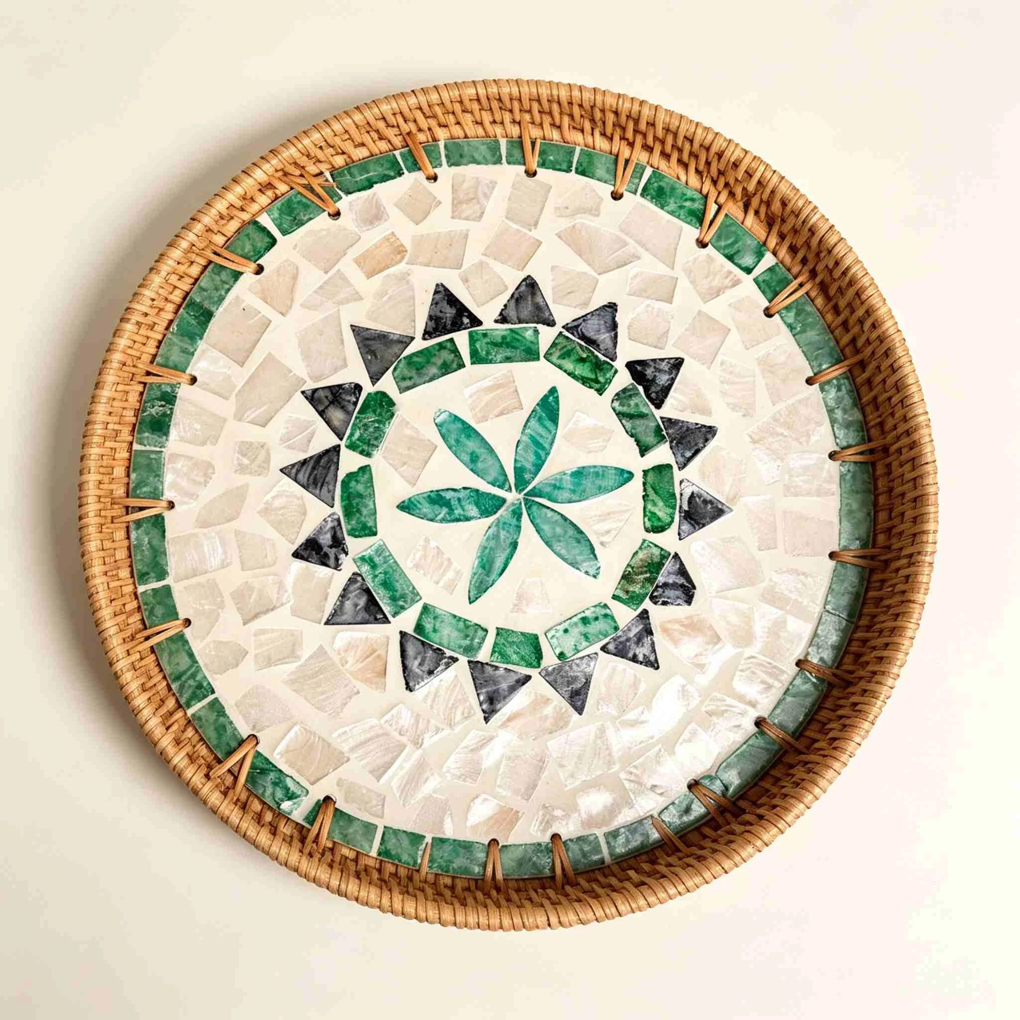 Rattan Tray with Marble Mosaic & Dual Wooden Handles