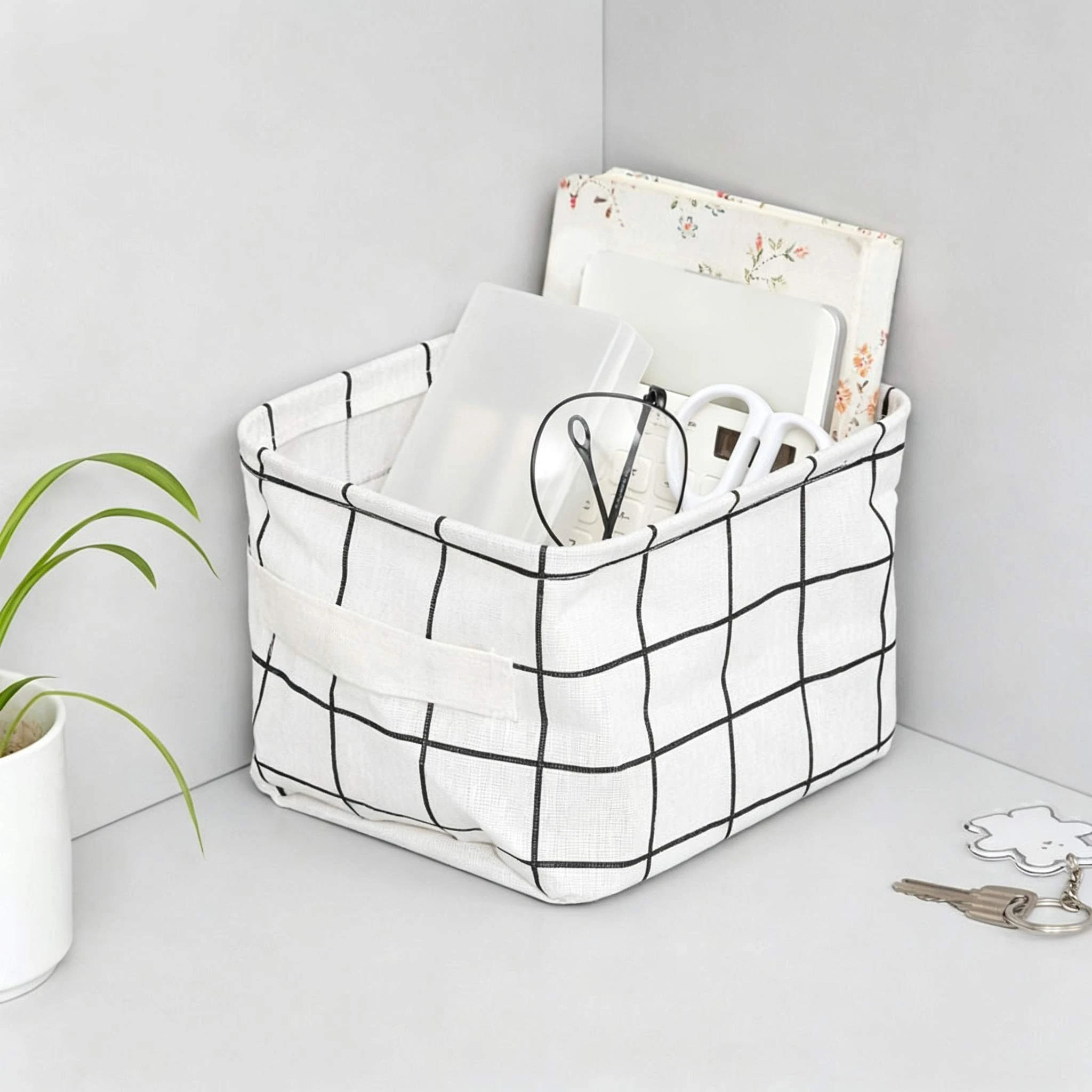 Black Grid Linen Storage Basket