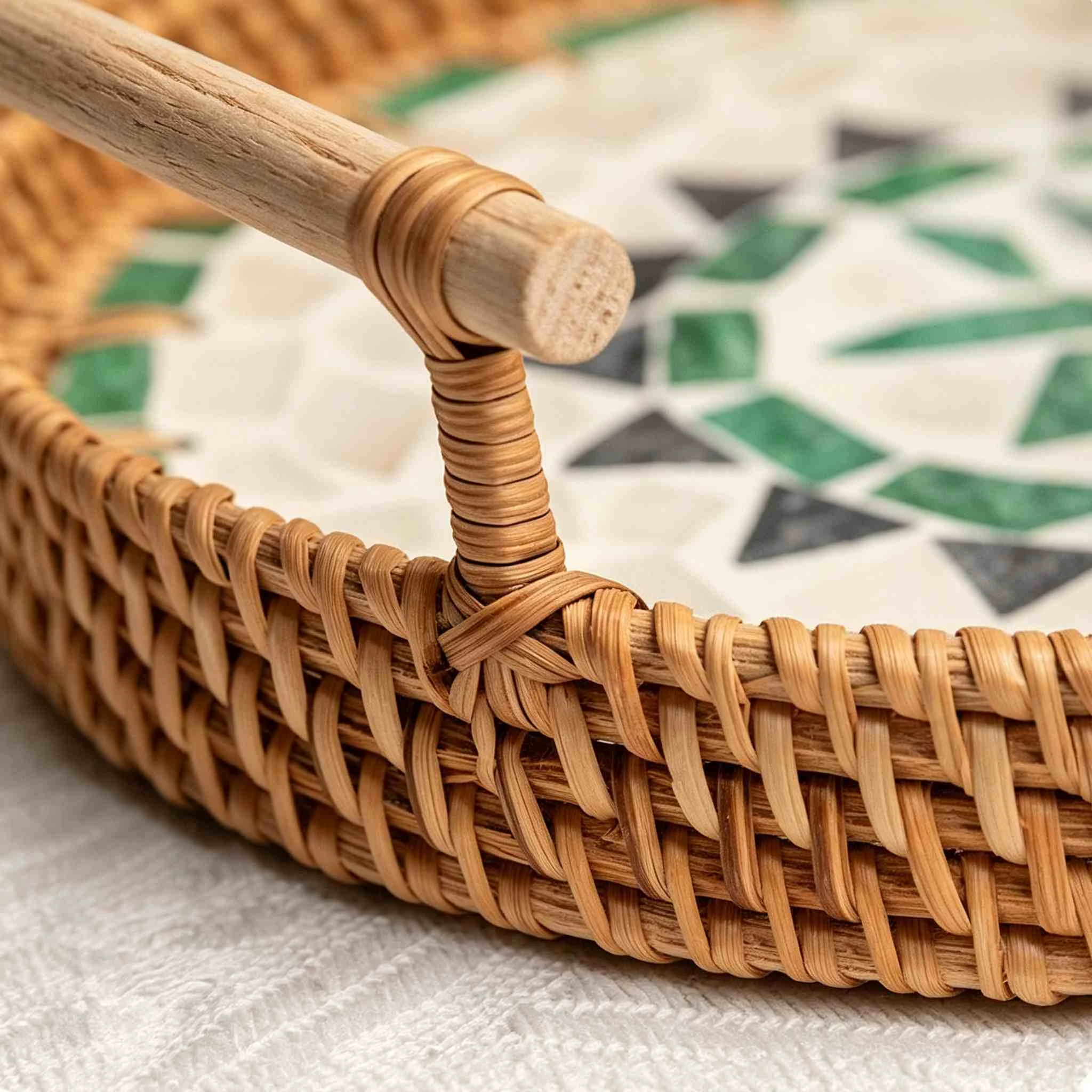 Rattan Tray with Marble Mosaic & Dual Wooden Handles