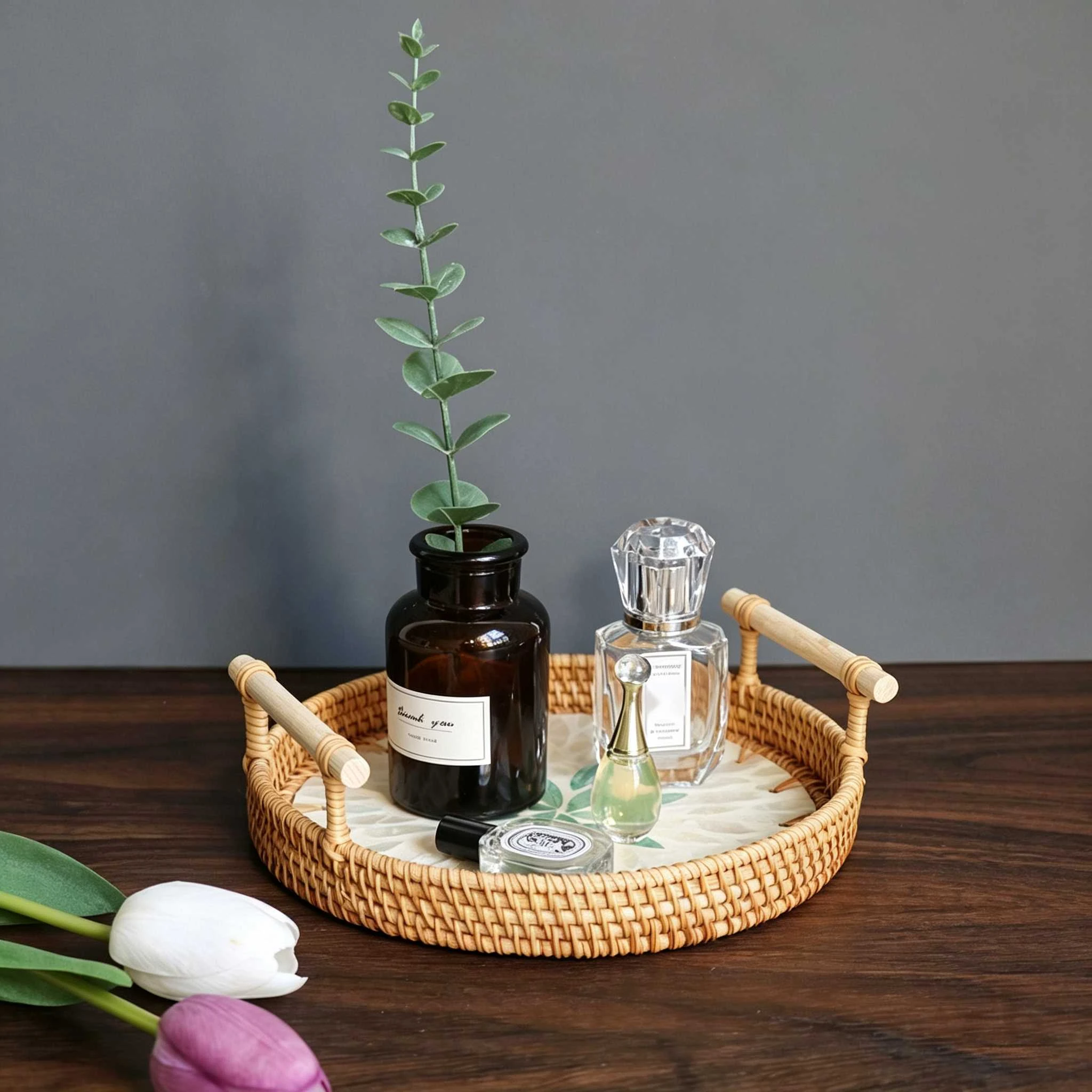 Rattan Tray with Marble Mosaic & Dual Wooden Handles