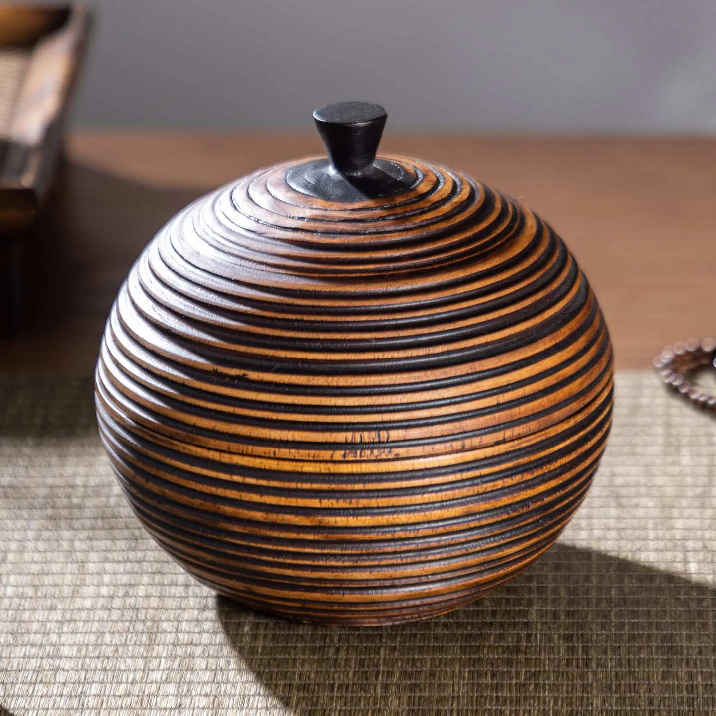 Striped Solid Wood Airtight Storage Jar with Lid