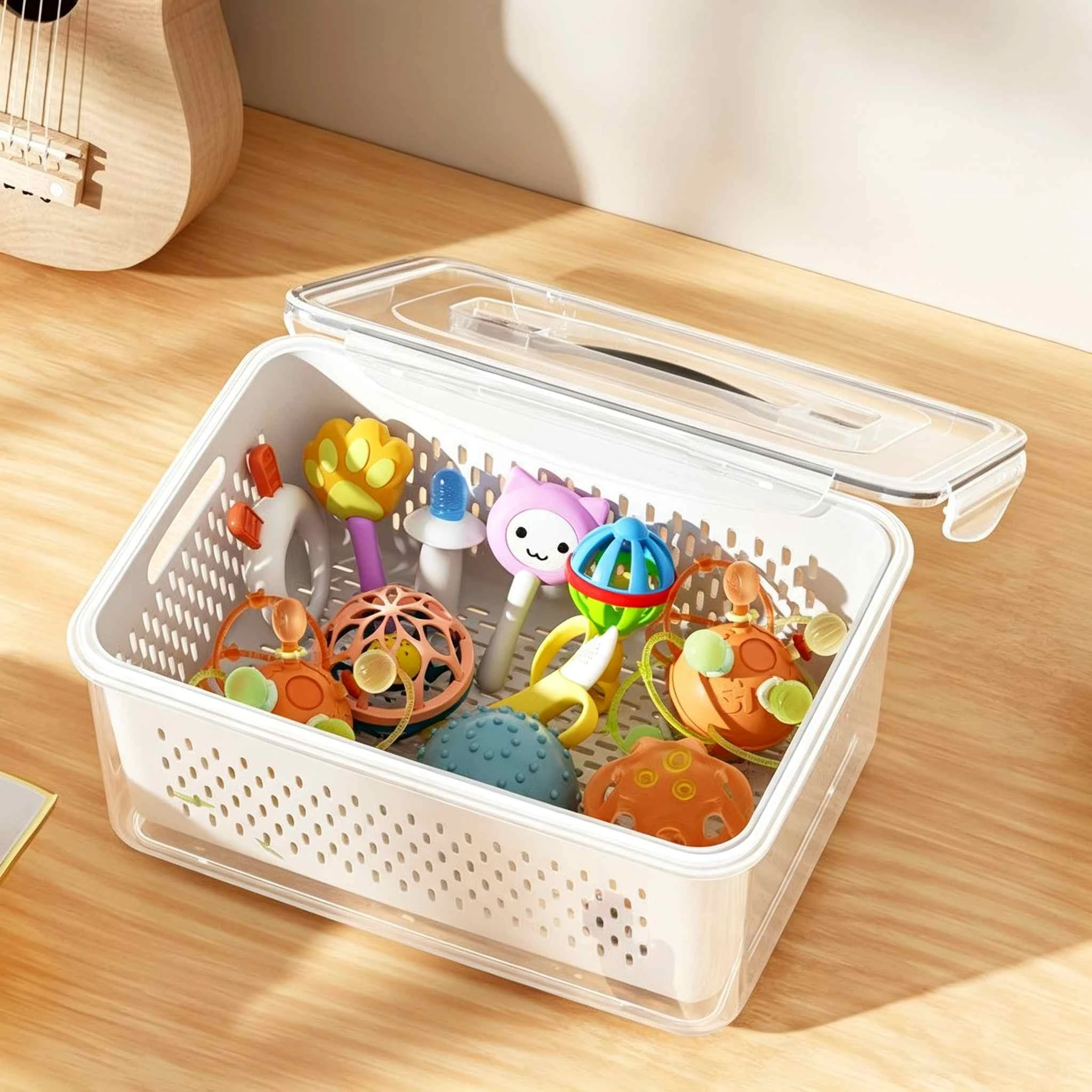 Plastic Storage Box with Drain Basket & Handle