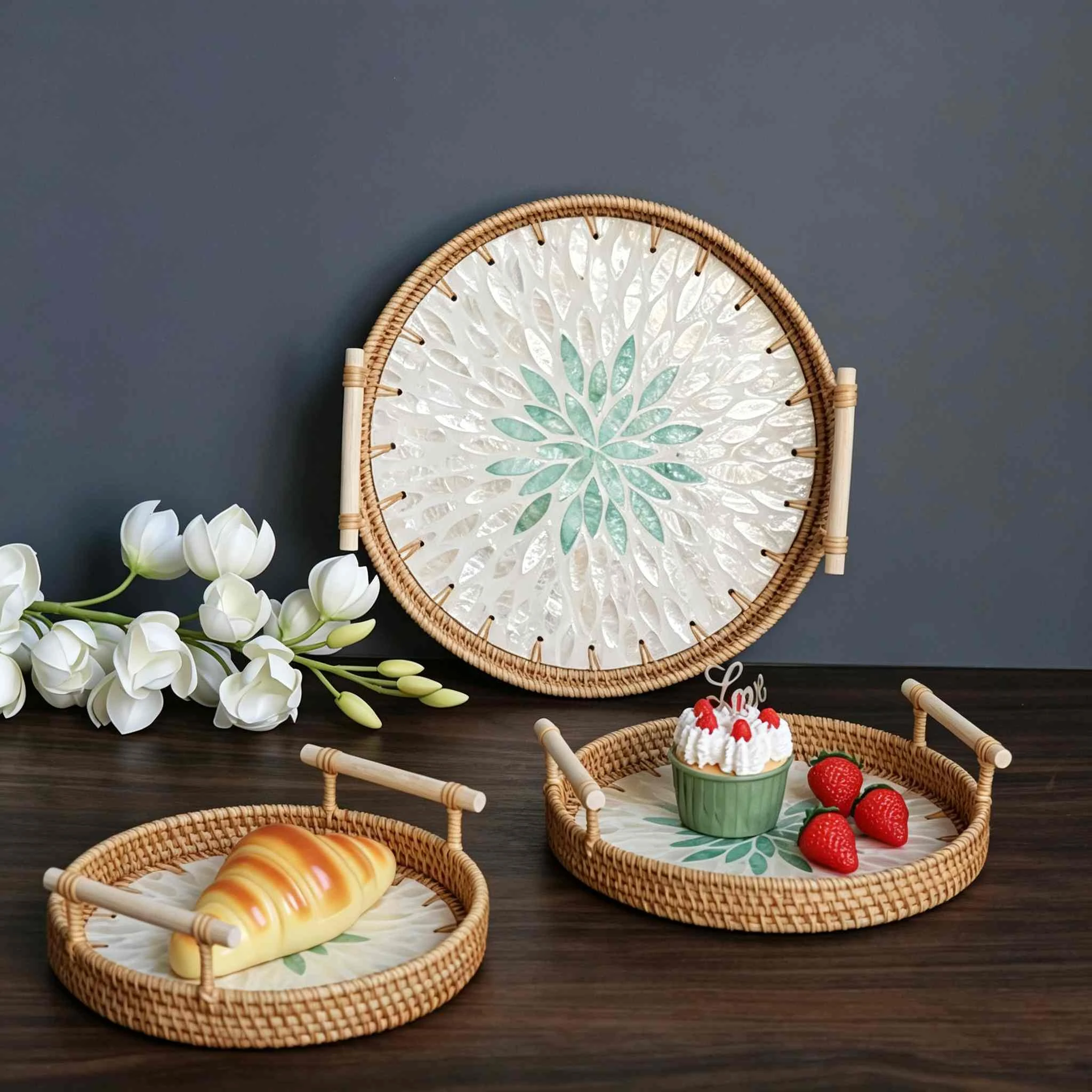 Rattan Tray with Marble Mosaic & Dual Wooden Handles