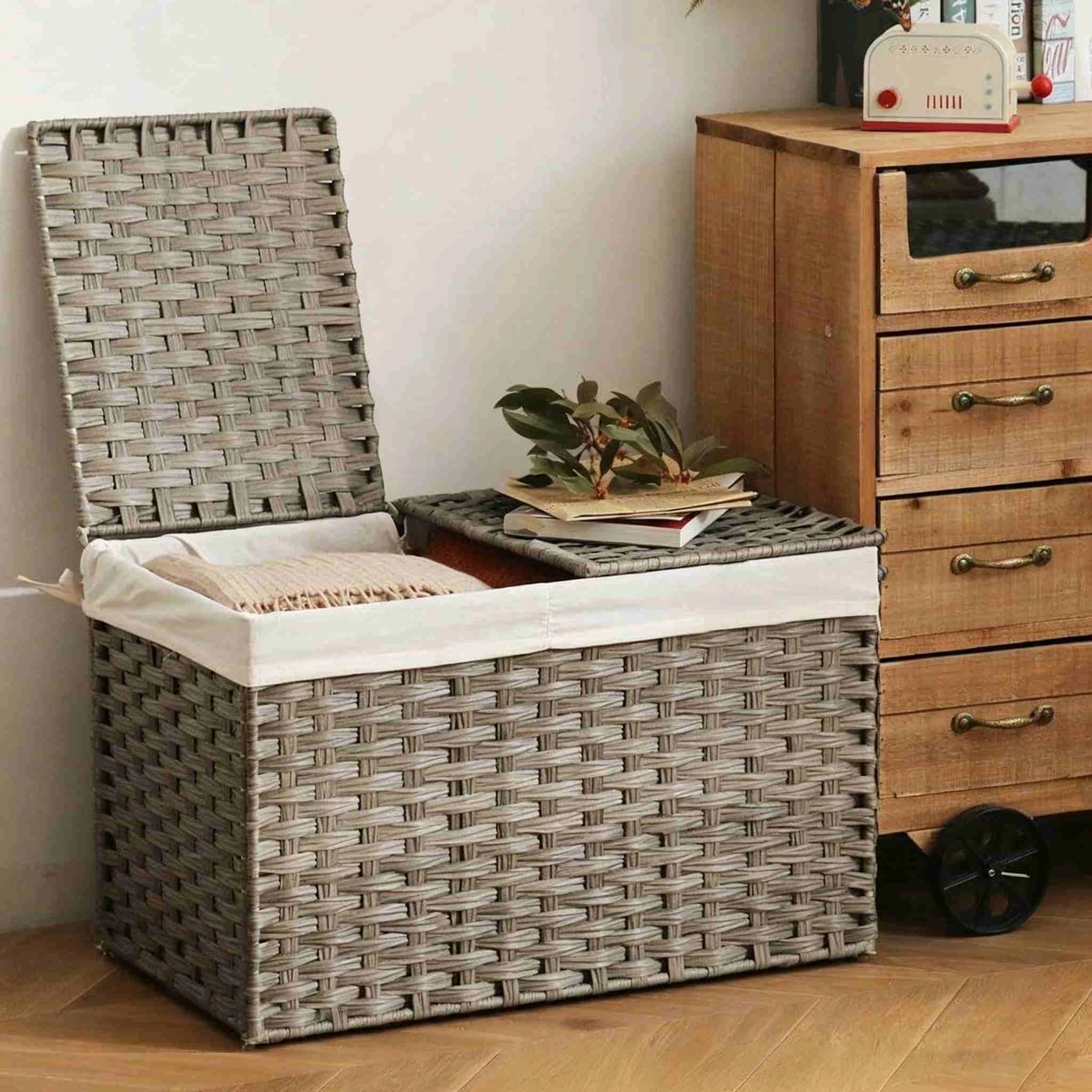 Rattan-Style Lidded Storage Bin with Liner