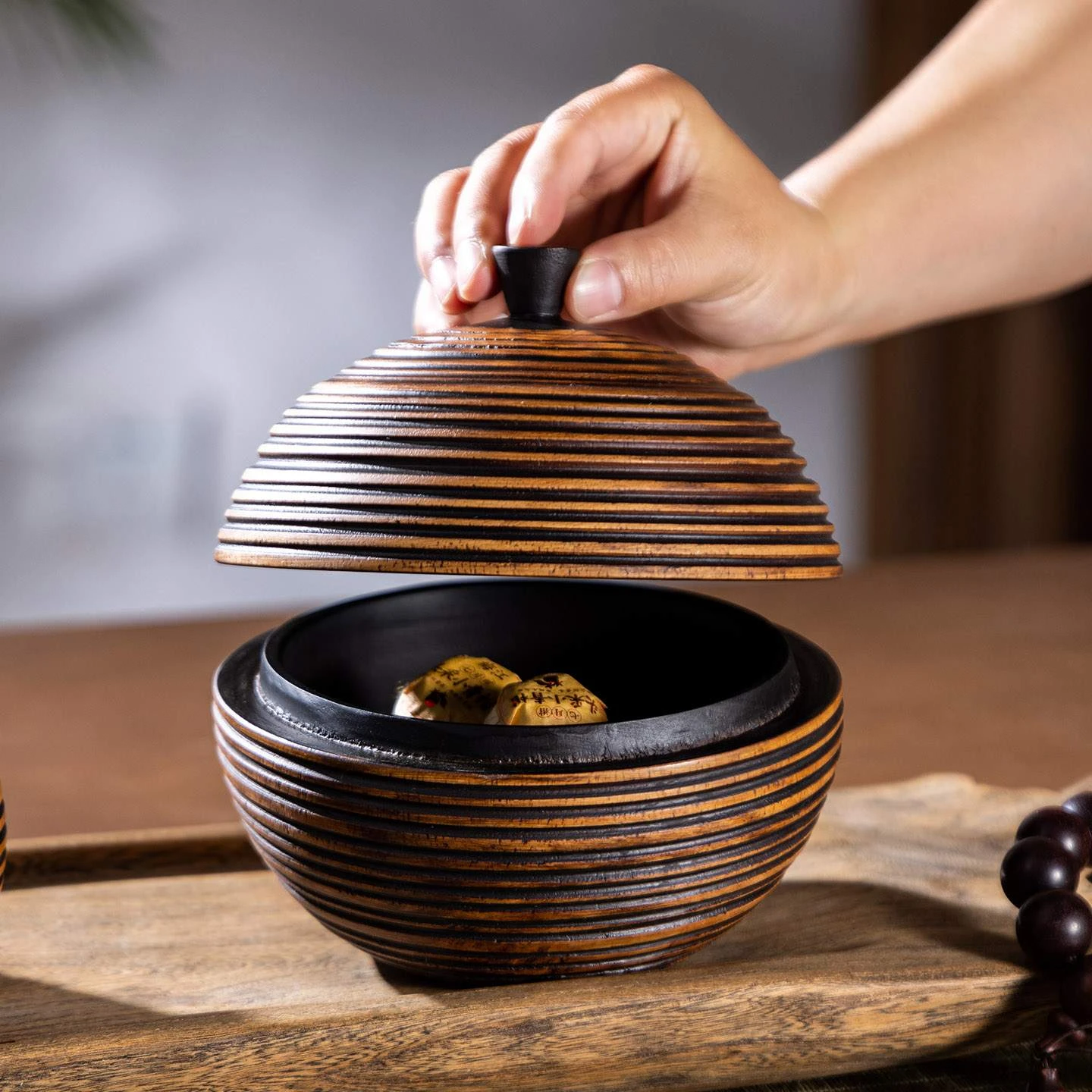 Striped Solid Wood Airtight Storage Jar with Lid