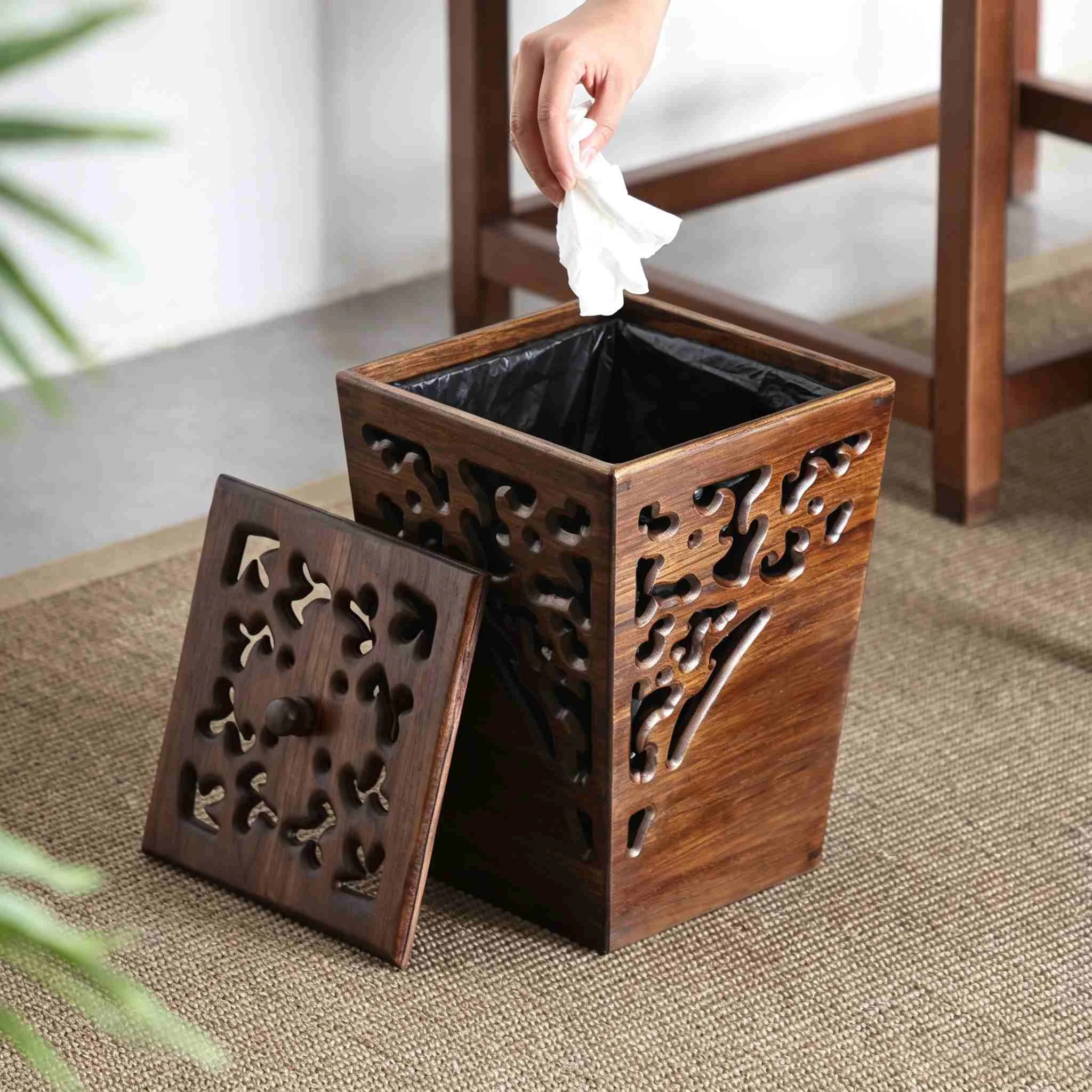 Carved Hollow Solid Wood Waste Bin