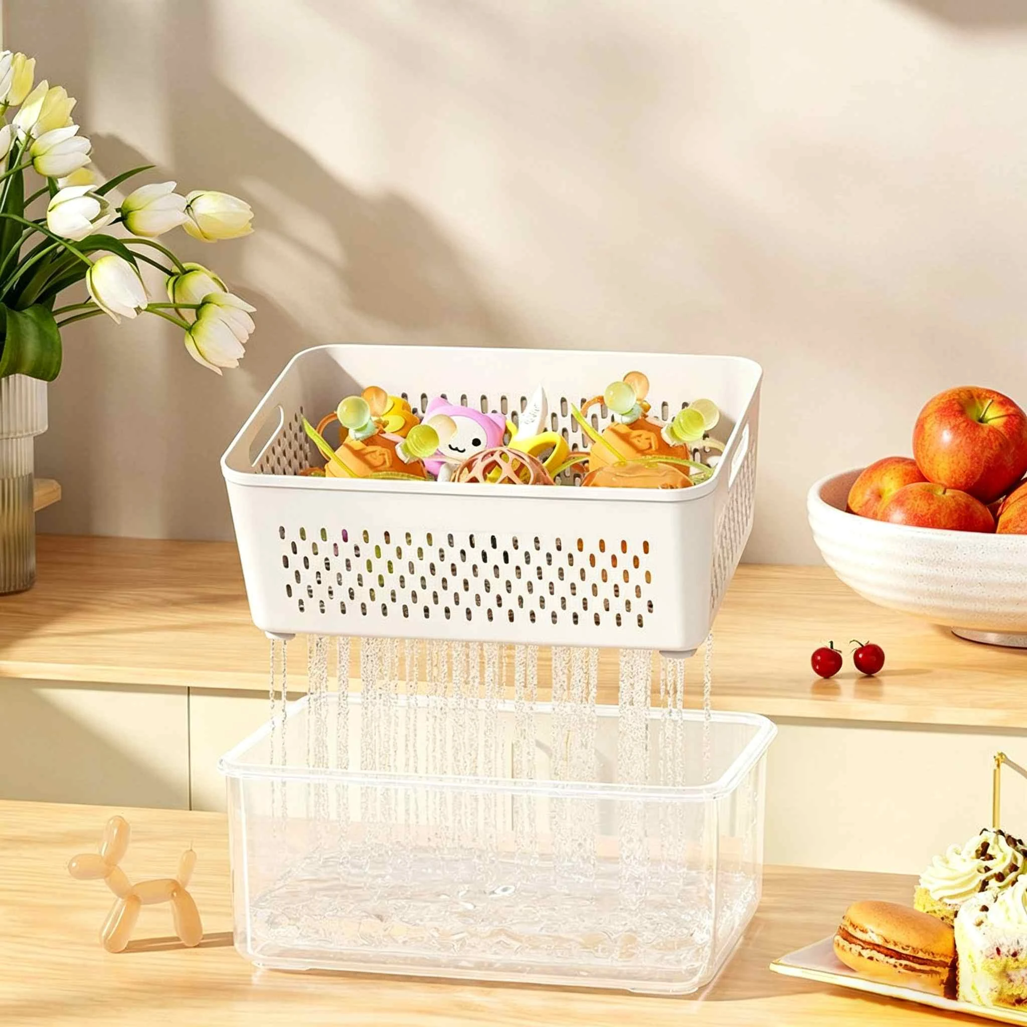 Plastic Storage Box with Drain Basket & Handle