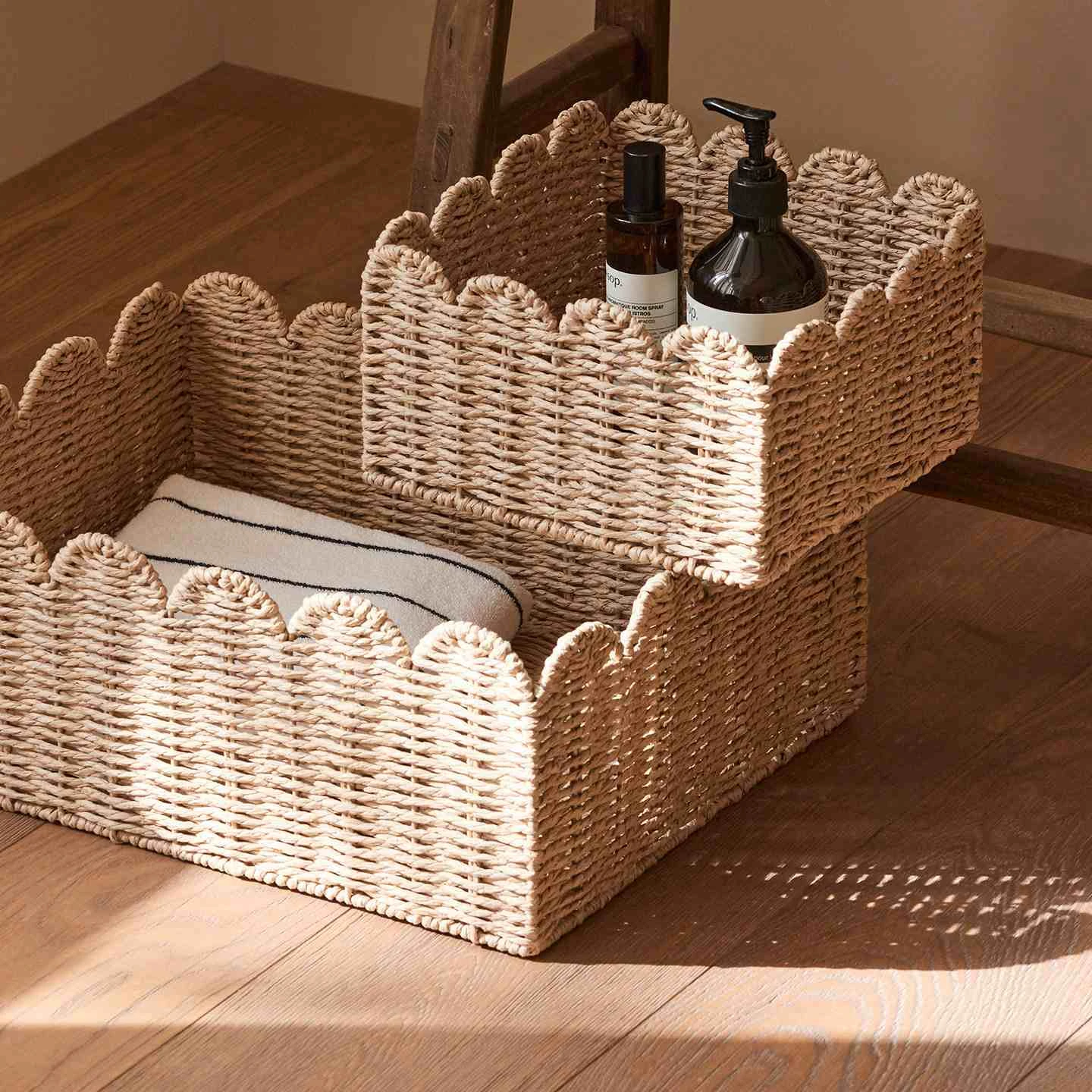 Paper Rope Woven Storage Basket with Scalloped Rim