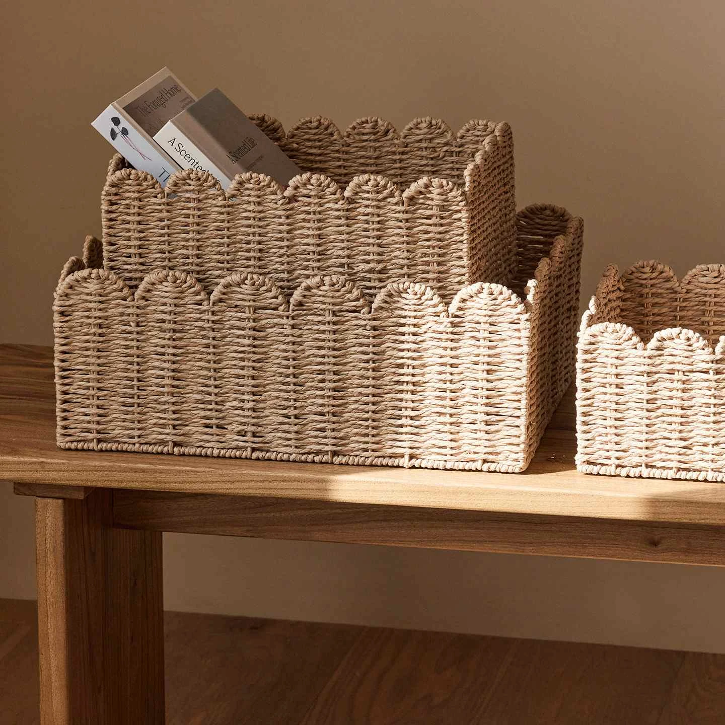 Paper Rope Woven Storage Basket with Scalloped Rim