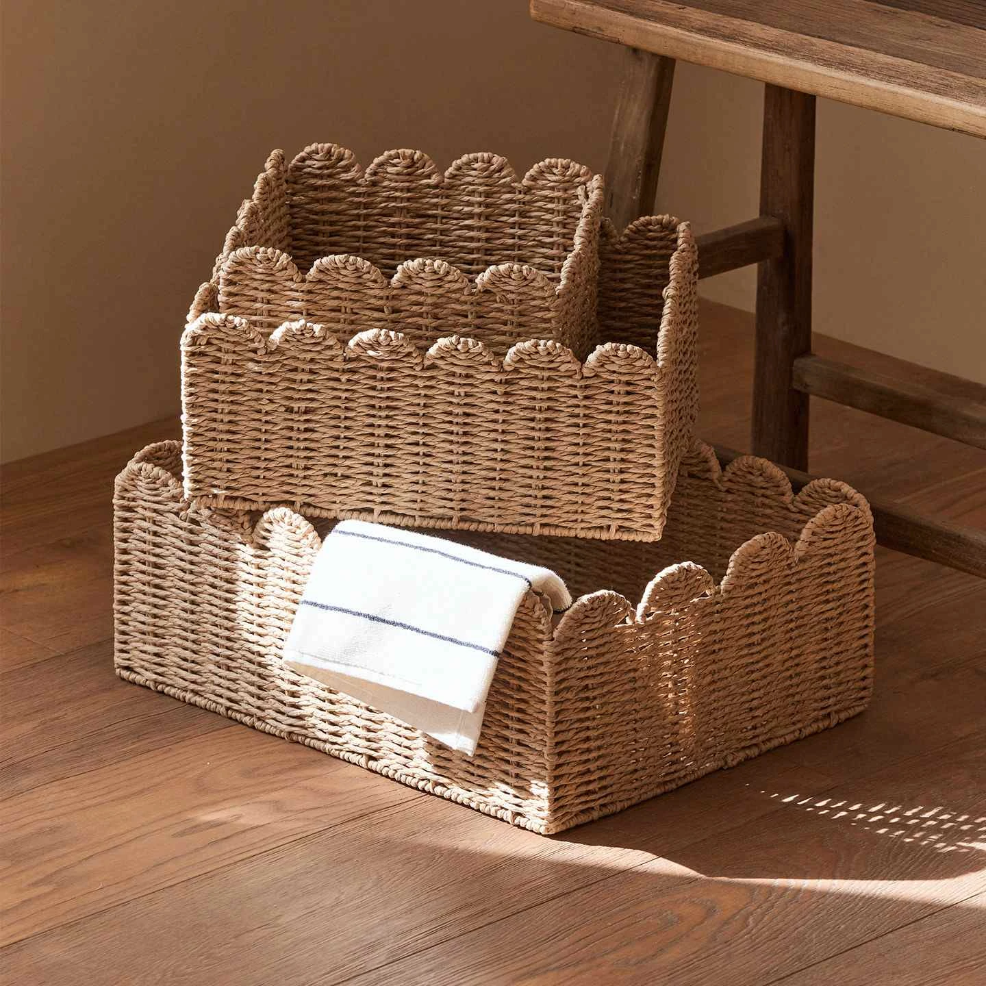 Paper Rope Woven Storage Basket with Scalloped Rim