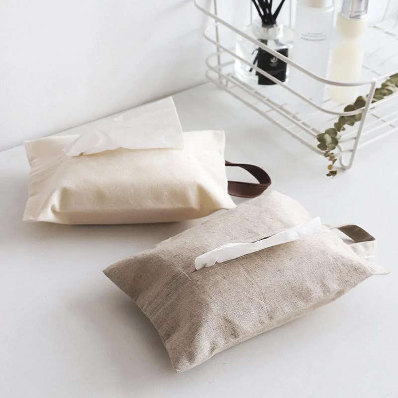 Linen Hanging Tissue Pouch with Leather Strap